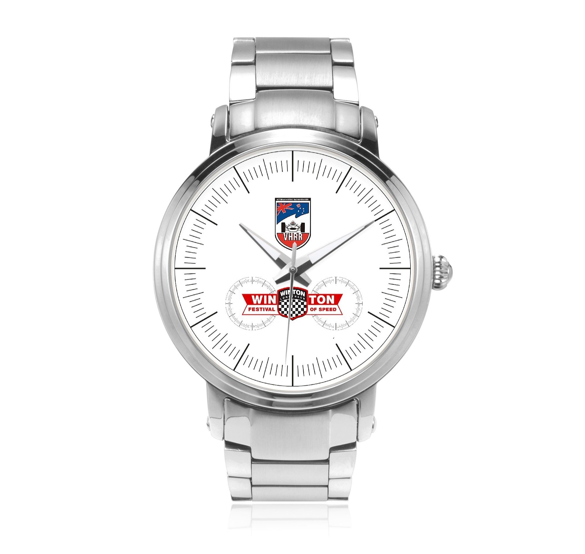 A wristwatch with a white face, silver band, and the logos of the Winnton Festival of Speed and VHRR, with black minute and hour hands and a silver second hand.