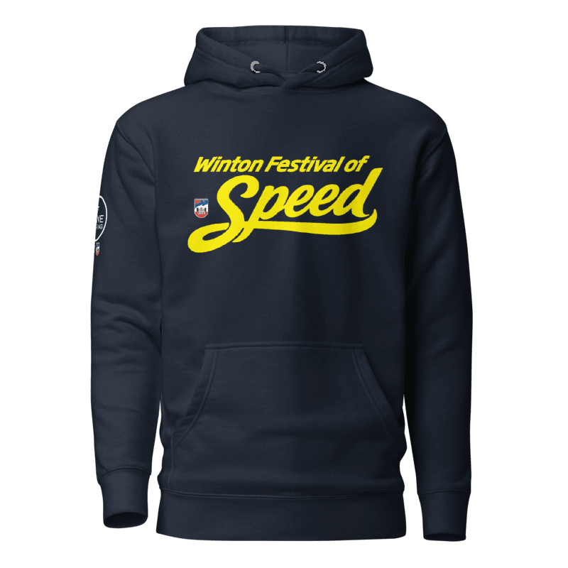Navy blue hoodie with yellow text that reads 'Winton Festival of Speed' and small event patches on the sleeve.