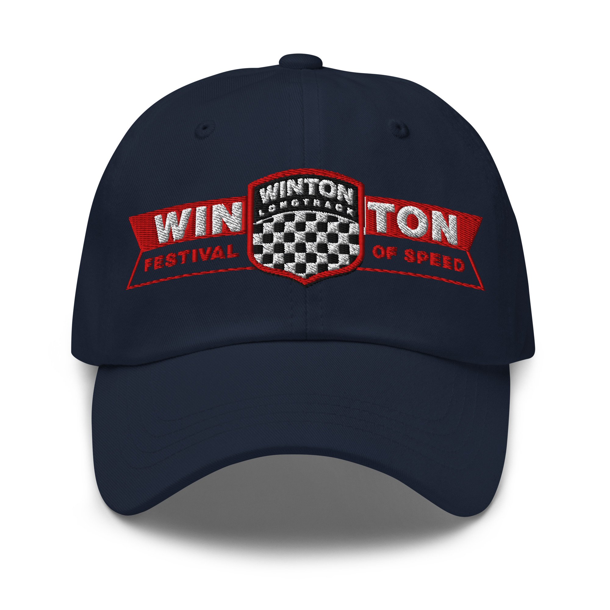 Navy baseball cap with embroidered patch reading "Winton Motor Festival of Speed" and a checkered flag design.