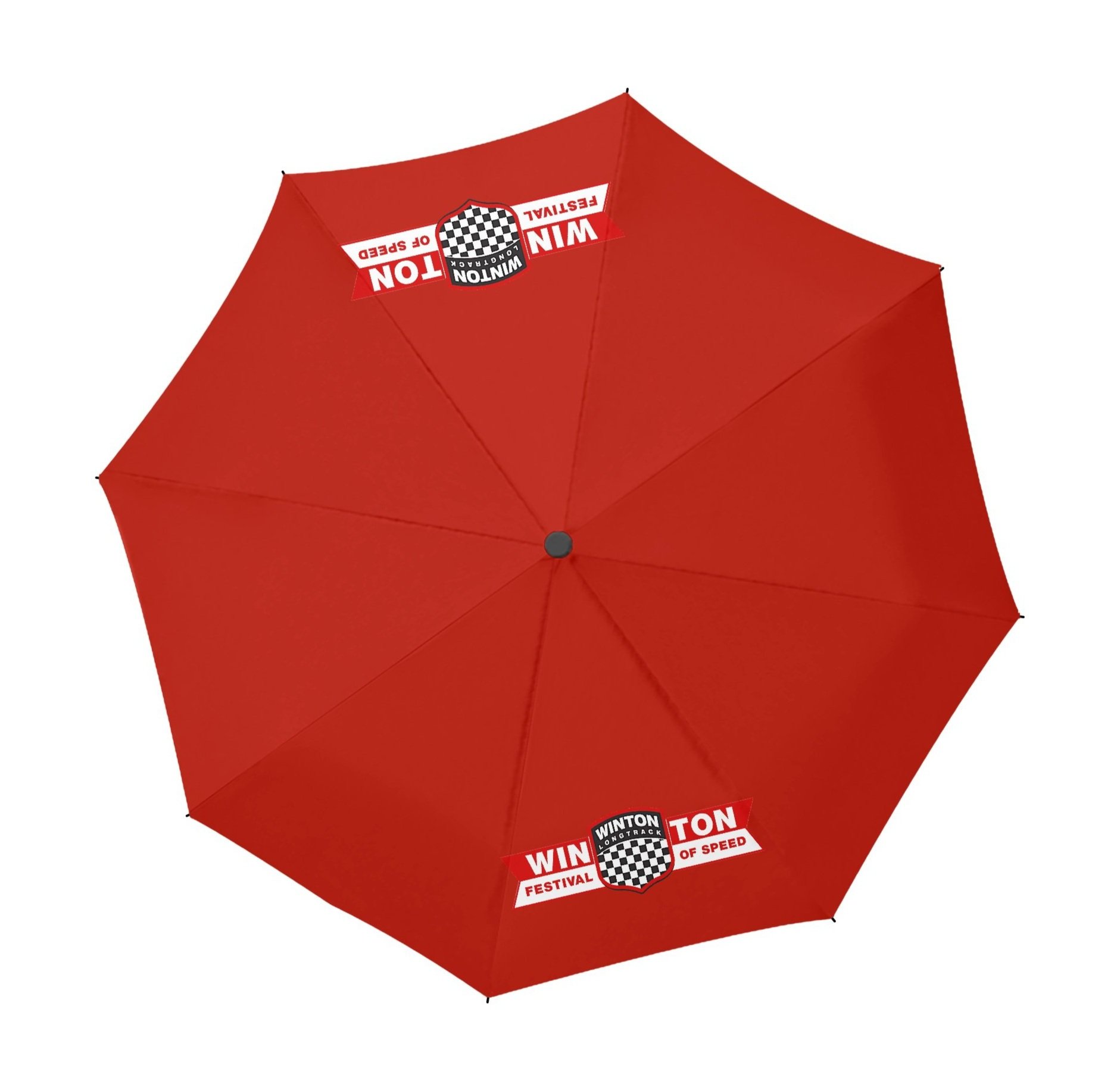 Red umbrella with racing-themed logos, including a checkered flag, the words 'Win Tony', 'Festival', and 'of Speed' printed on two panels.