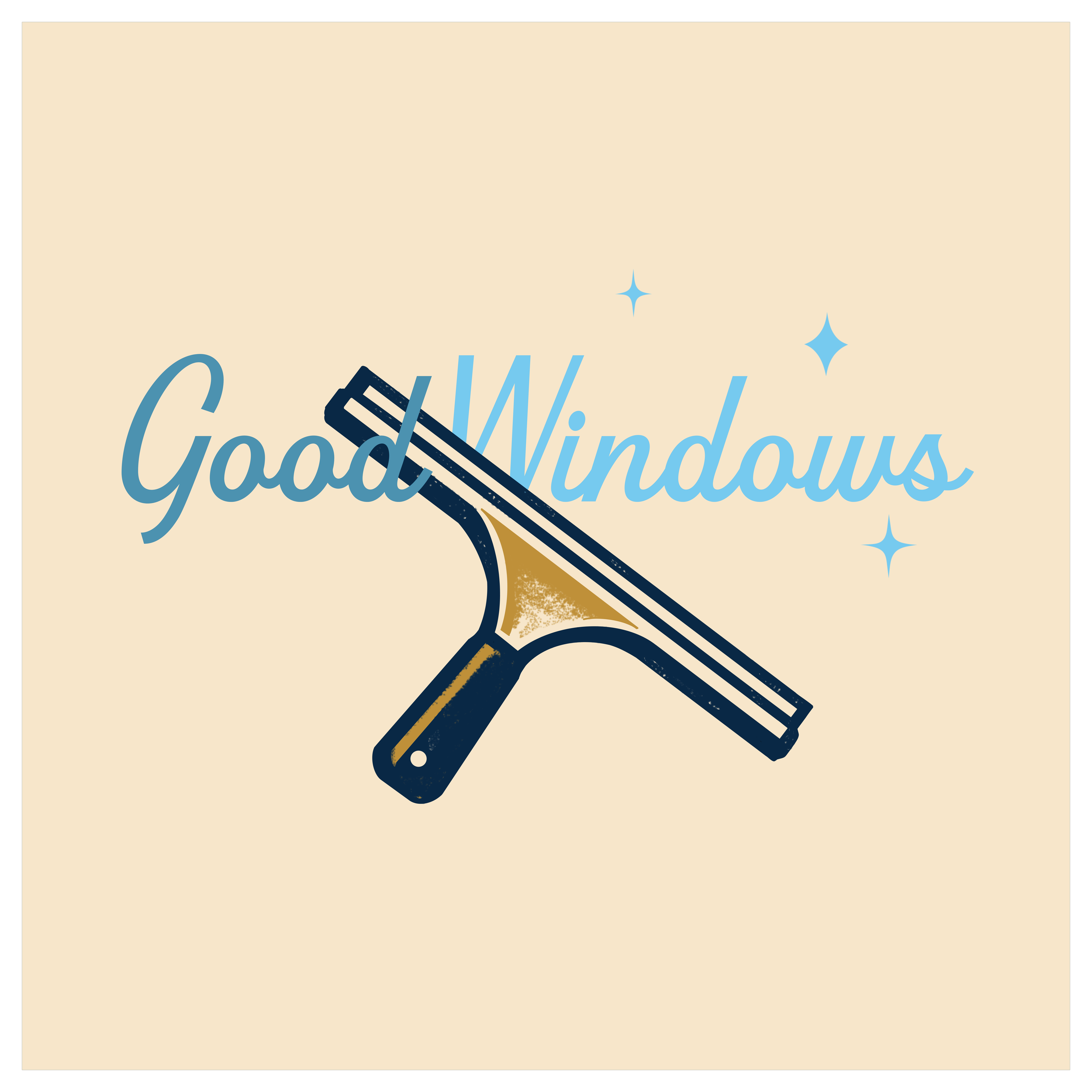 A cleaning squeegee cleaning the words "Good Windows" with the background of a light beige color, surrounded by small blue star-like sparkles.