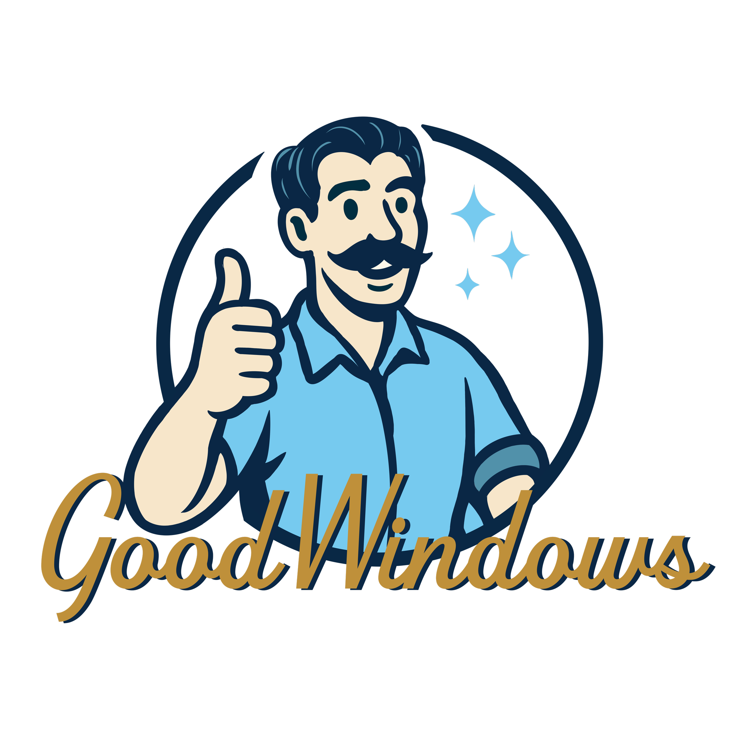 Retro-style logo featuring a smiling man with a mustache giving a thumbs up, with the words 'Good Windows' written below.