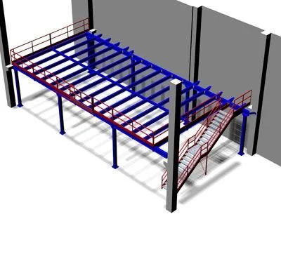3D rendering of an industrial staircase and platform with blue steps, red railings, and supporting beams.