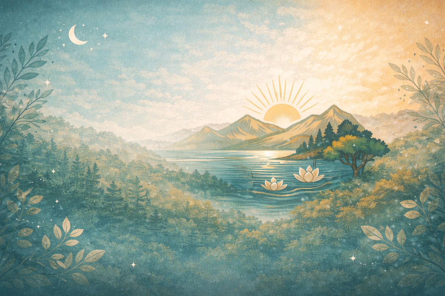 A scenic landscape depicting mountains with the sun rising behind them, a lake with floating lotus flowers, lush trees, and a starry sky with a crescent moon, all illustrated in a soft, artistic style.
