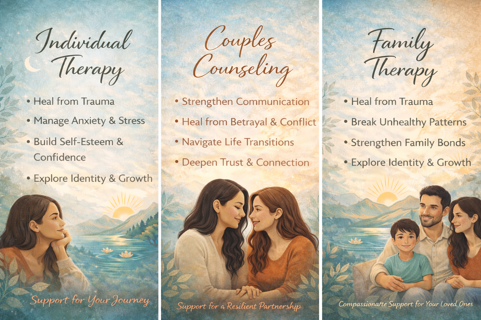 Three informational panels about therapy options for different relationship types. The first panel covers individual therapy with a woman contemplating by a lake scene. The second panel discusses couples counseling featuring two women smiling at each other. The third panel presents family therapy with a man and woman with their young son sitting together, overlooking a scenic lake at sunset.
