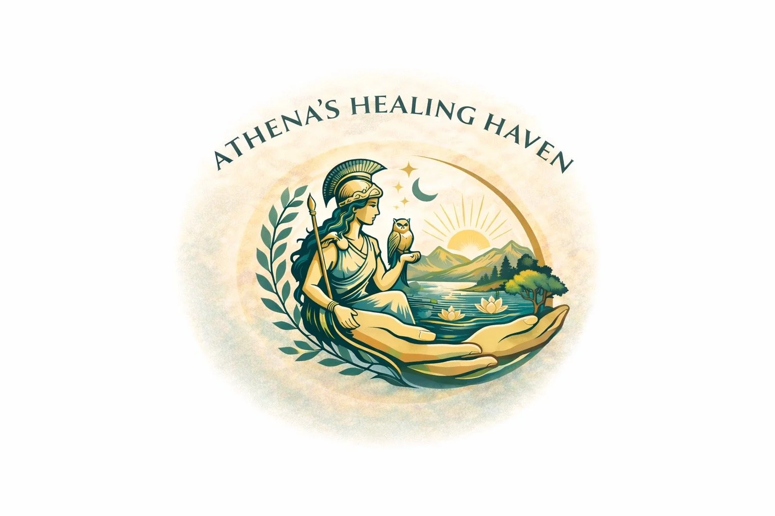 Logo for Athena's Healing Haven featuring the Greek goddess Athena with an owl on her hand, sitting on a hand, with mountains, water lilies, a tree, sun, moon, stars, and sunrise in the background, surrounded by a laurel wreath.