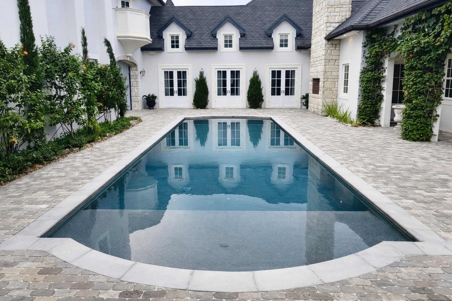 A luxurious backyard with a rectangular swimming pool