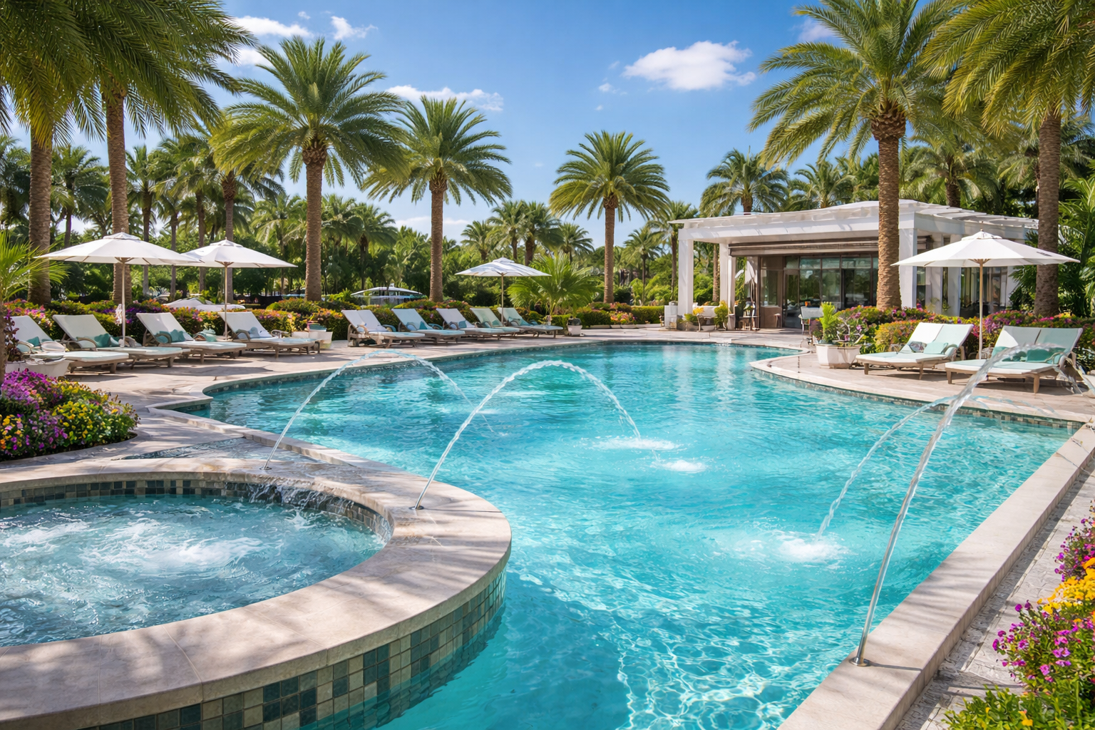 A backyard swimming pool with a marble waterfall feature