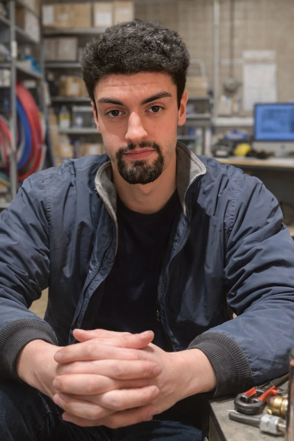 A man with dark curly hair and a goatee sitting at a table in a workshop or storage room filled with tools and equipment, looking directly at the camera.