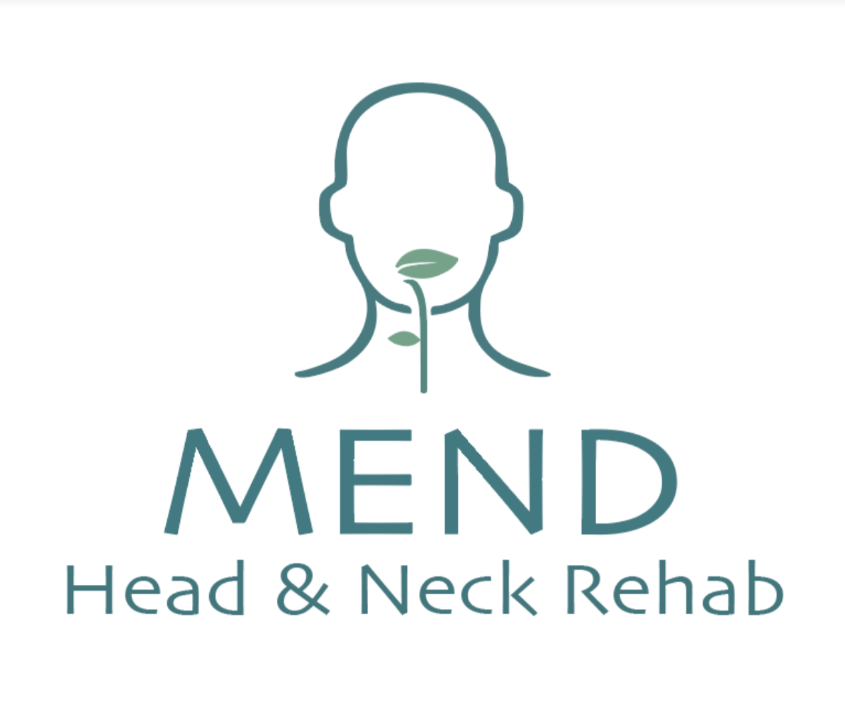 Logo for MEND Head & Neck Rehab featuring a stylized line drawing of a human head and neck with leaves near the mouth and neck.
