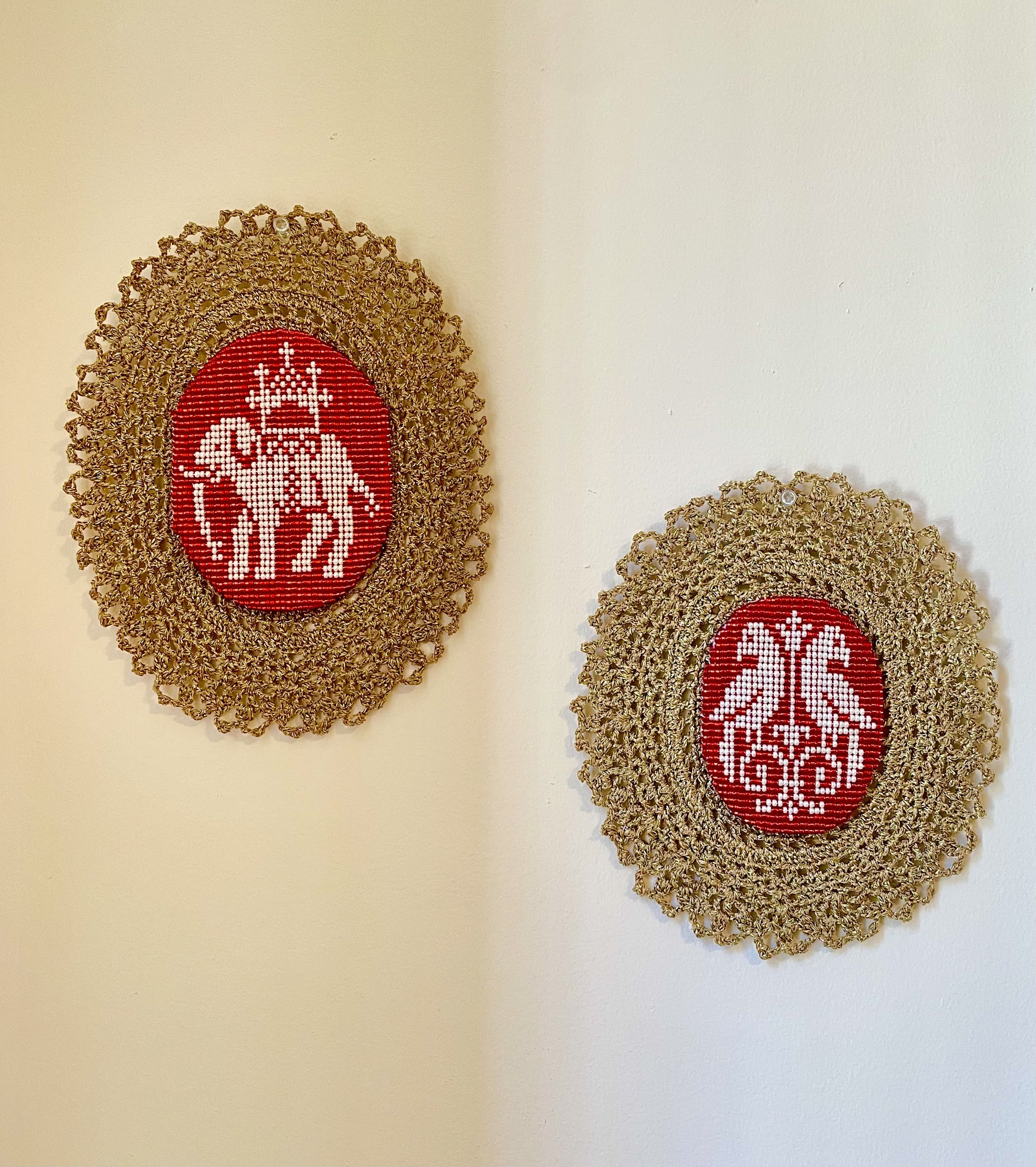 Elephant (2026), Doves (2026). Miyuki beads and polyester yarn 