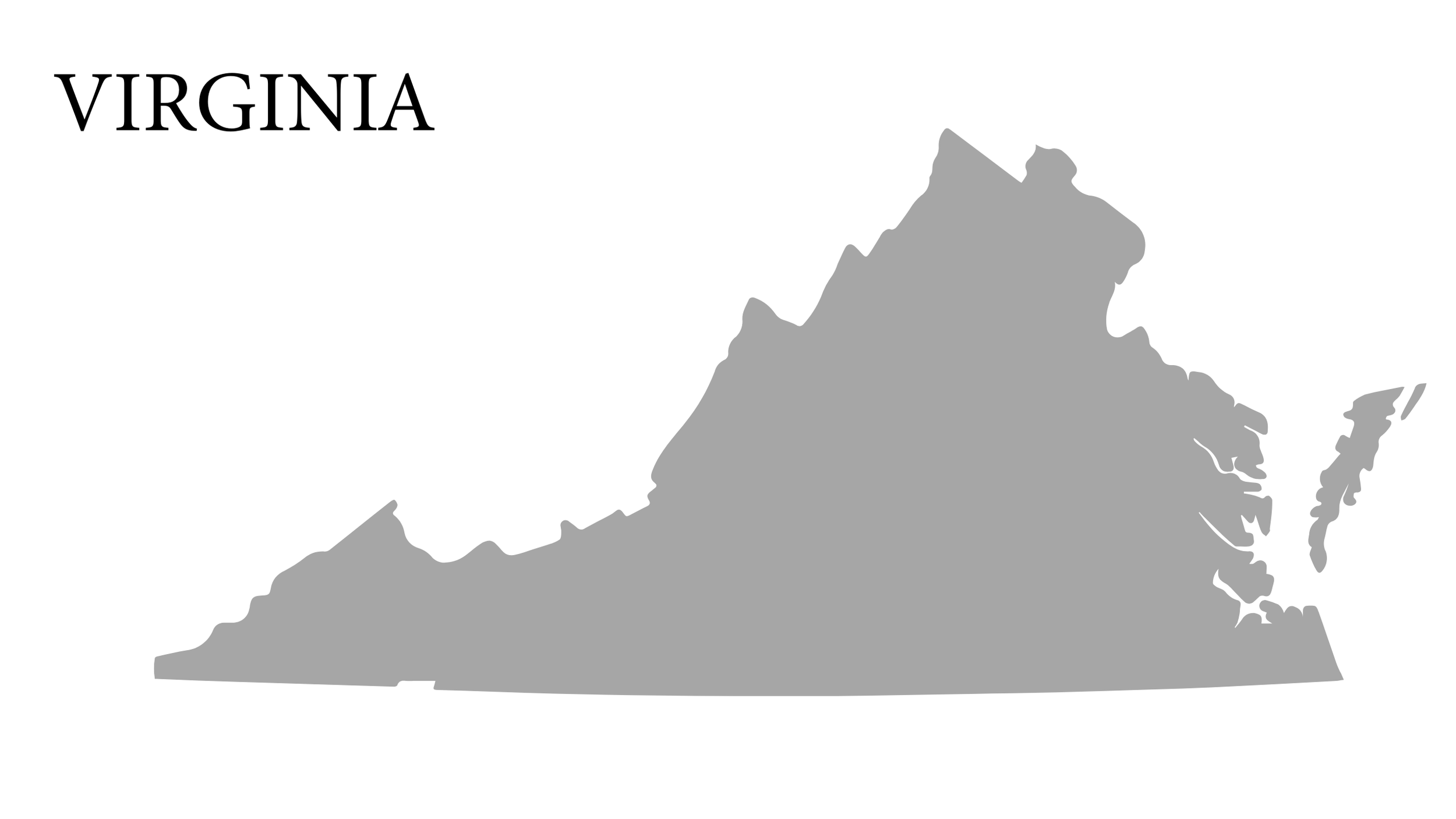 Gray silhouette map of the state of Virginia with the word 'Virginia' in black text in the top left corner.