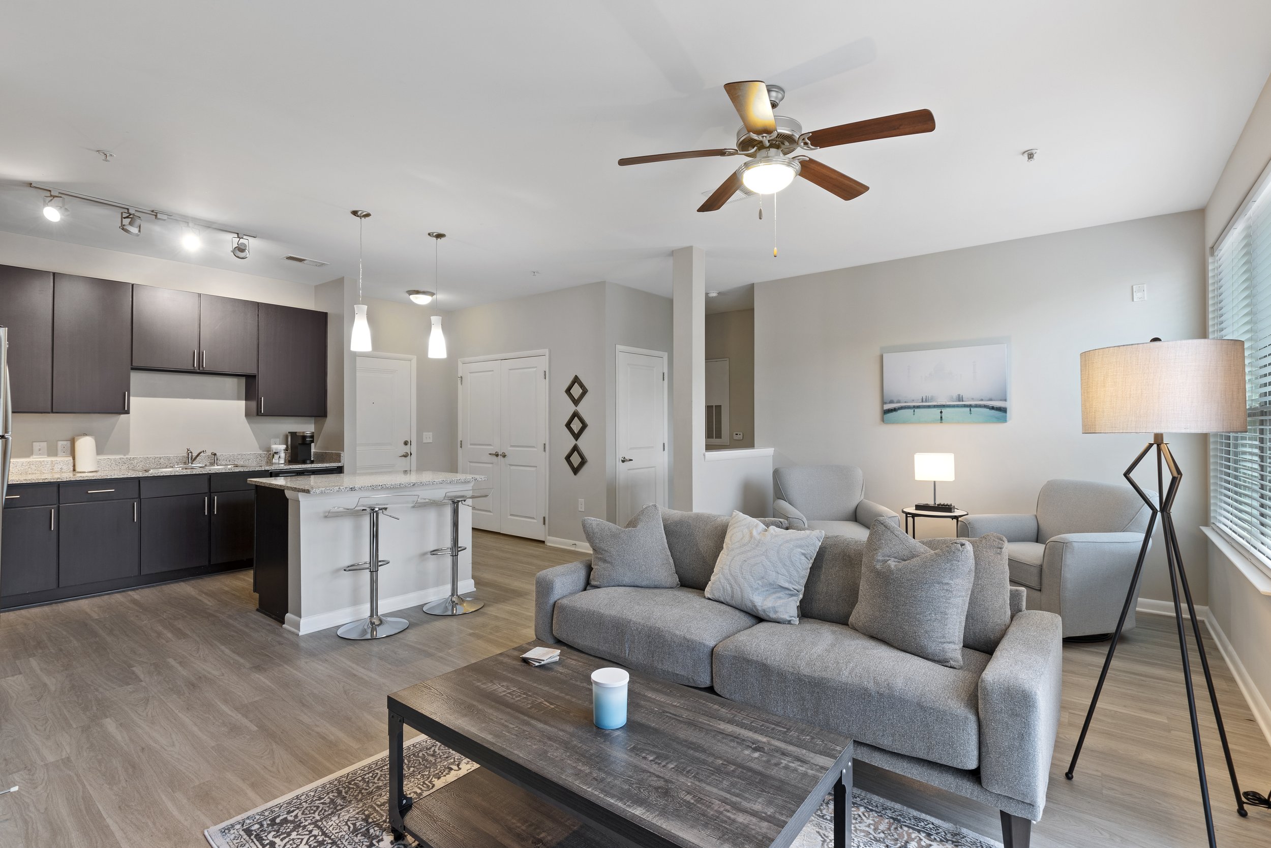 Open-concept living room and kitchen with gray sofas, white walls, dark cabinets, and hardwood floors, with modern lighting and decor.