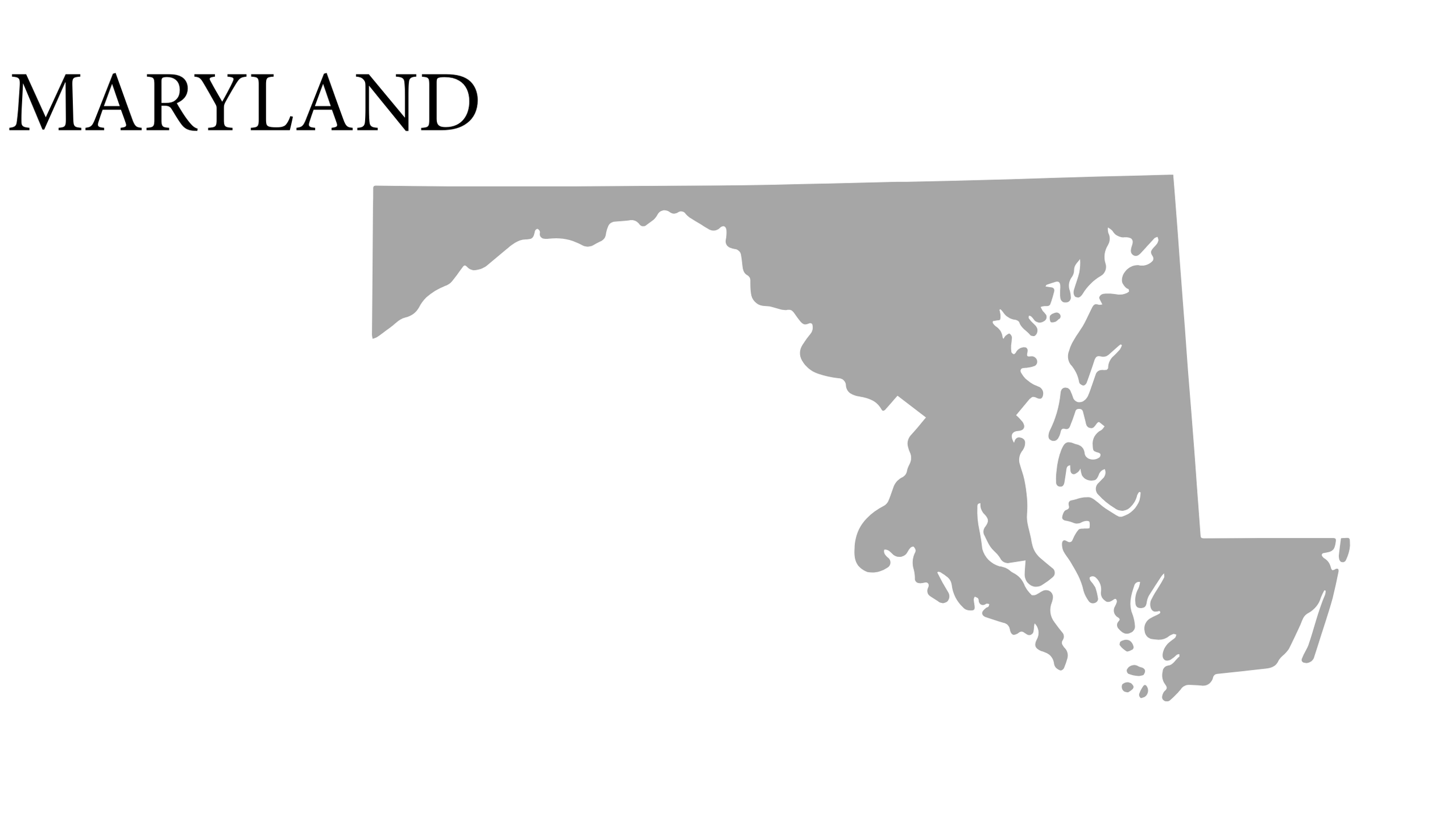Gray silhouette map of Maryland with the label 'MARYLAND' in black text at the top left.