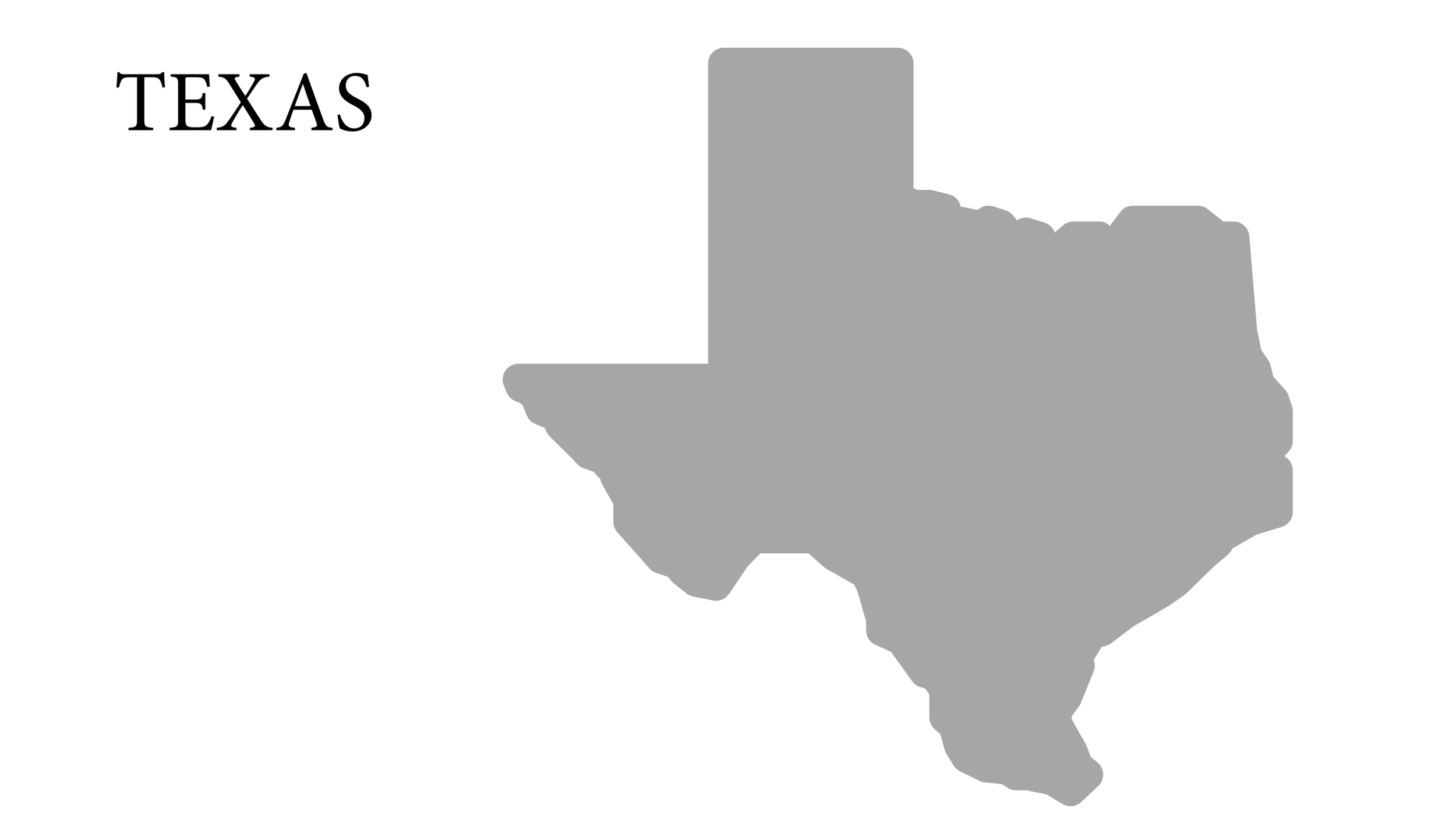 Gray silhouette of the state of Texas with the word 'TEXAS' in black on the upper left side.