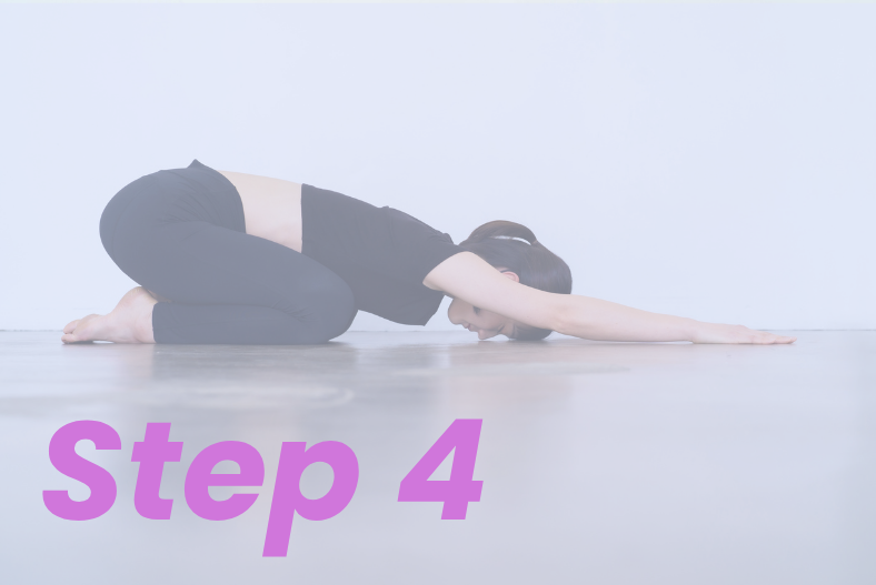 woman in child's pose "step 4"- stretching for release of tight pelvic floor muscles to reduce painful sex and help with vaginismus. relief from chronic pelvic pain, painful intimacy, painful intercourse, and painful penetration in Denver