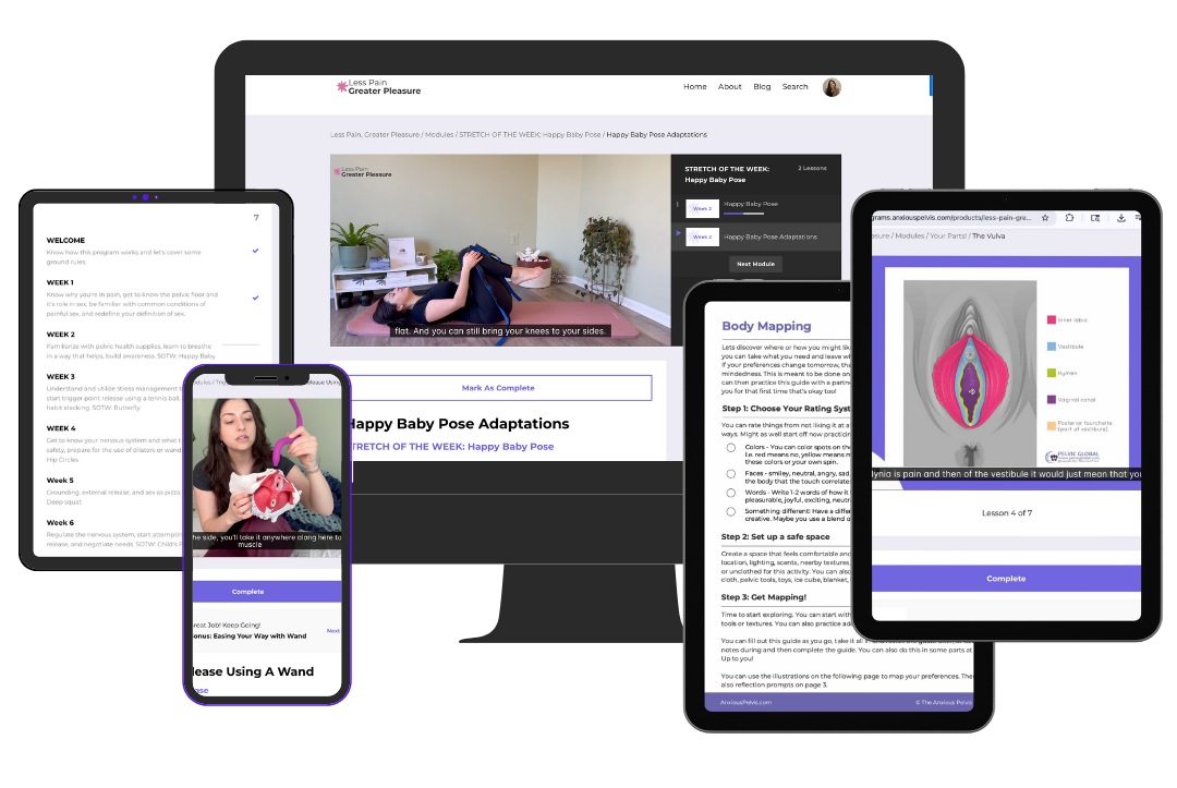 previous of training to release painful sex like pelvic wand and dilator tutorials, education on the vulva, body mapping activity to increase pleasure, happy baby pose to release pelvic tension, and 12 week plan laid out.