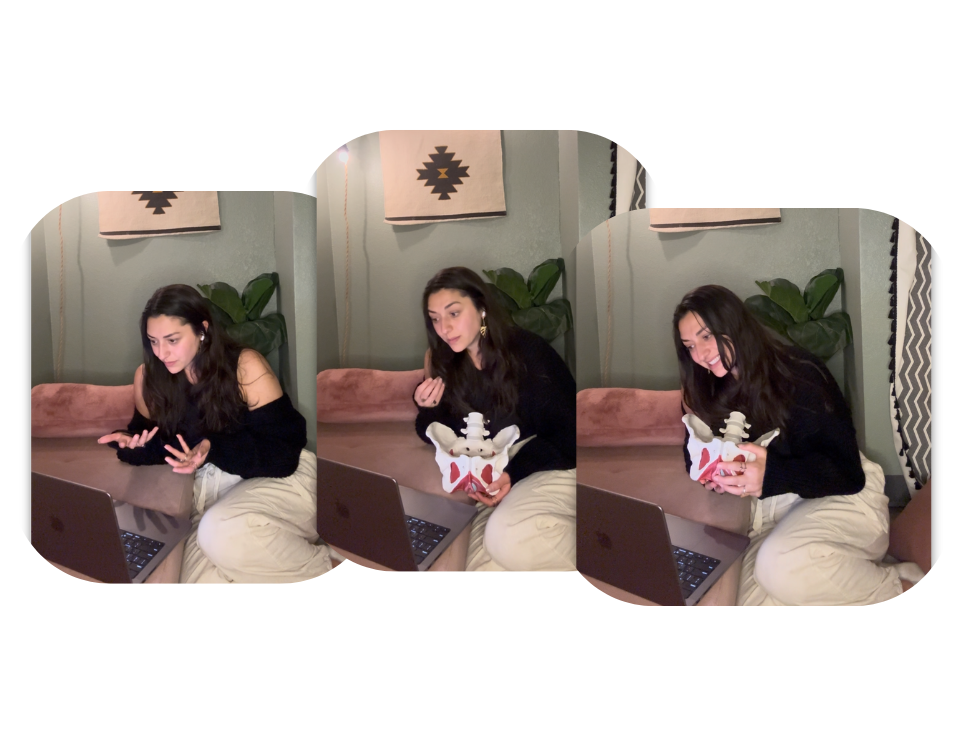 Gina, a pelvic floor therapist leading the painful sex community group calls in an office with the pelvic model