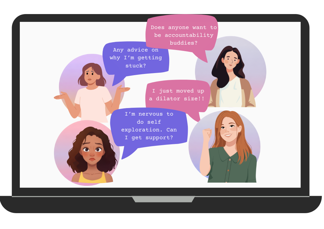 vaginismus and pelvic pain community group seeking support from eachother and a pelvic floor therapist specializing in painful sex