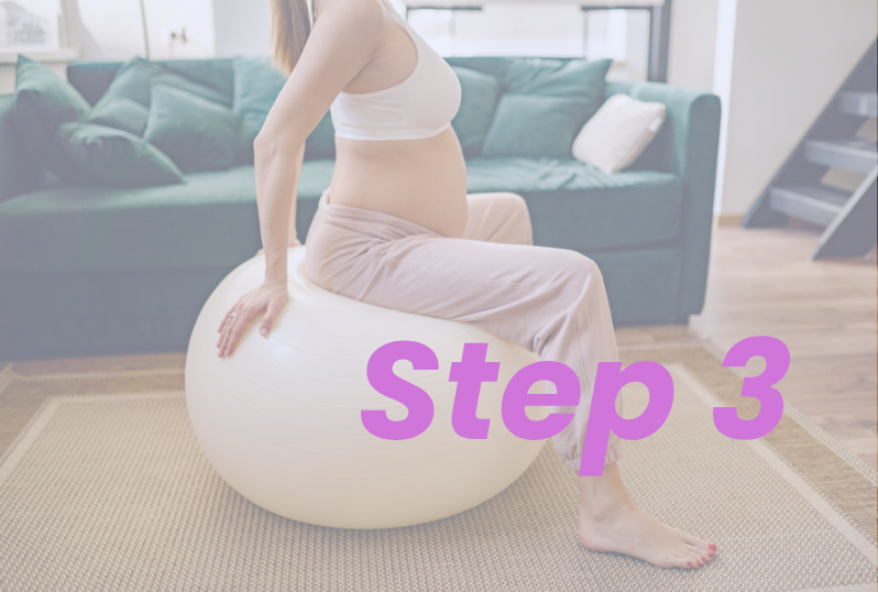 pregnant woman on exercise ball for exercises during pregnancy to prepare for delivery. treatment for low back pain, leaking pee, and prolapse during pregnancy.