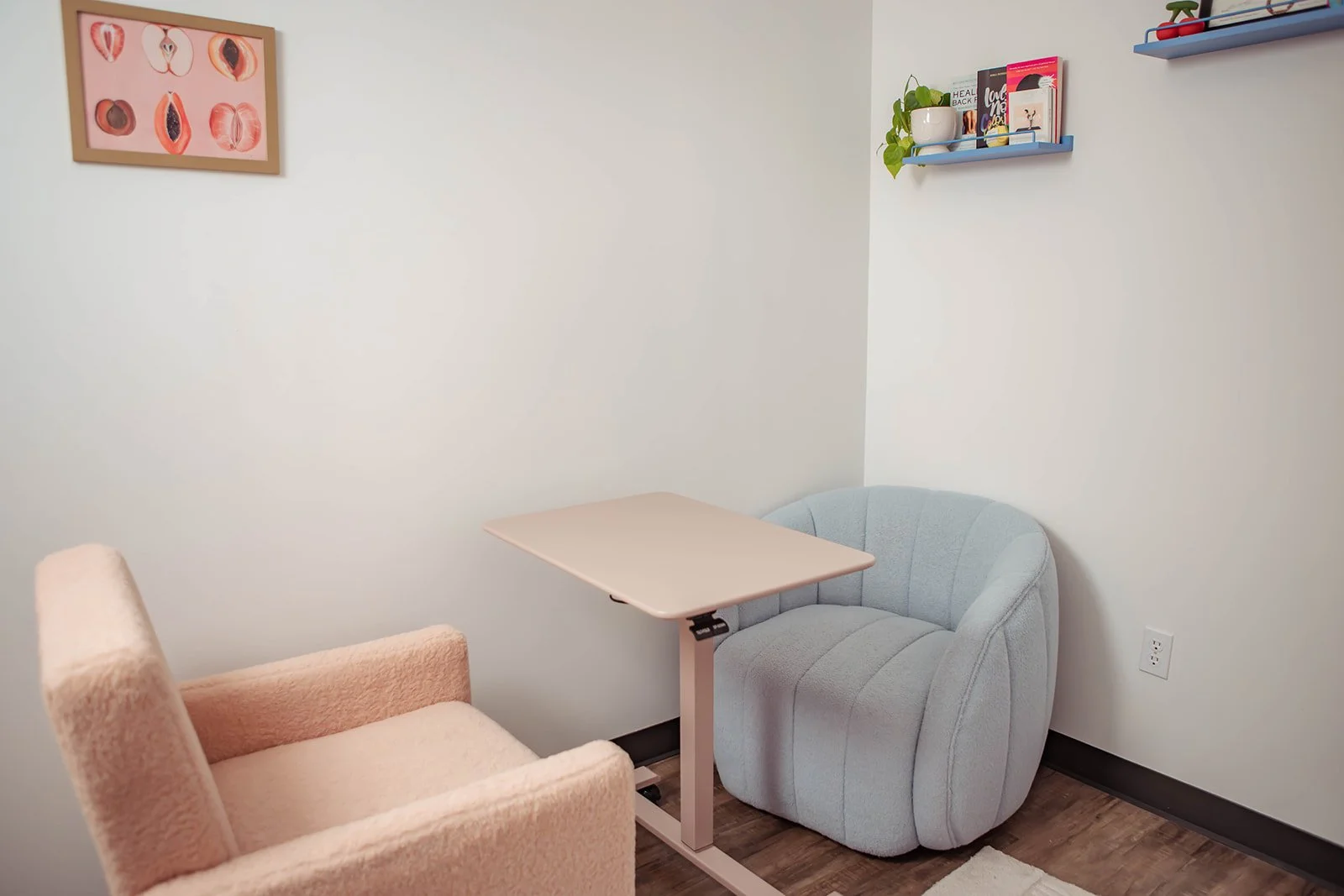comfortable, soft chairs and table for pelvic floor therapy assessment and evaluation, and pelvic health education in Denver Anxious Pelvis Clinic