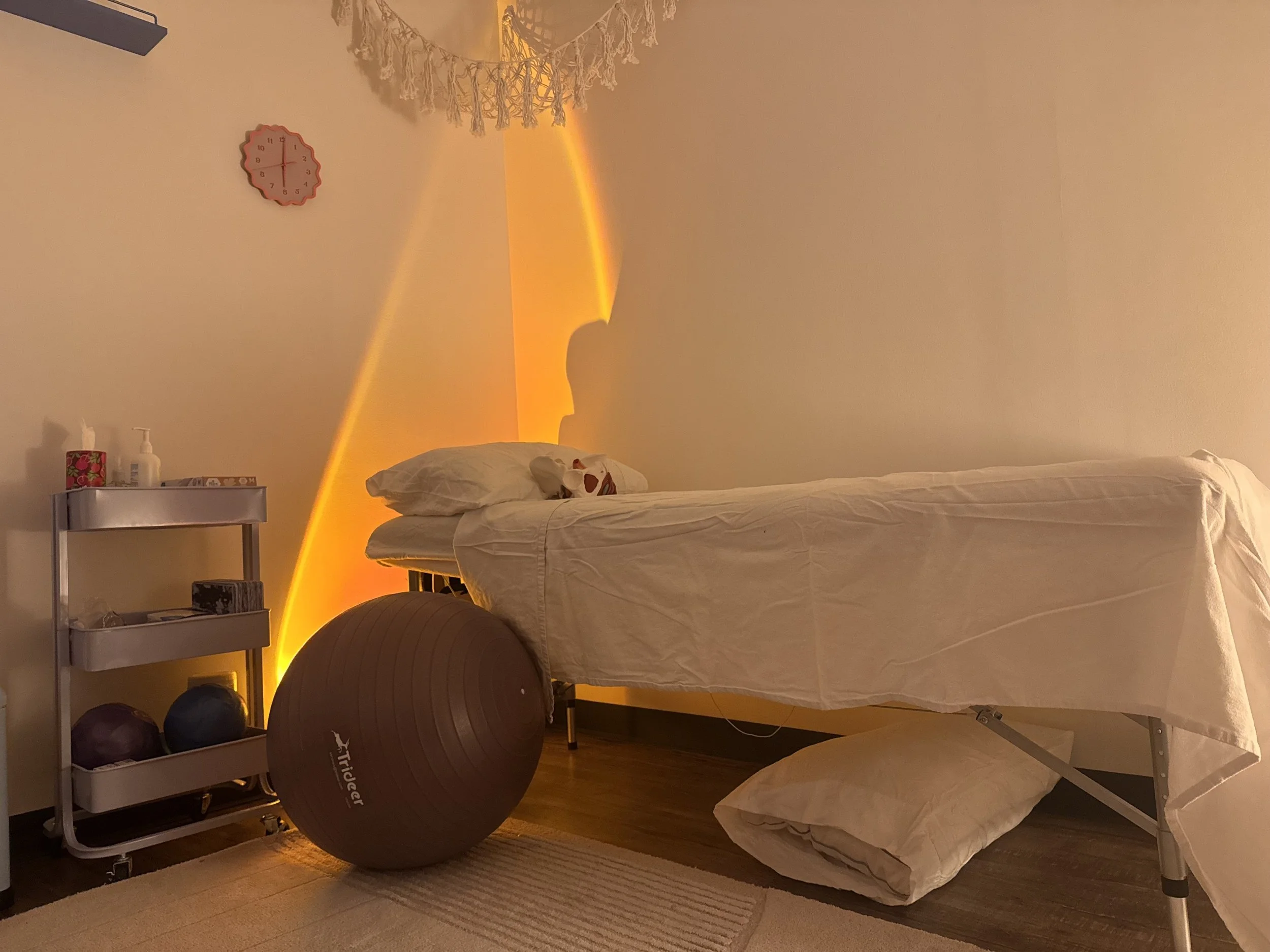 Calming, relaxing clinic space for pelvic healing, trauma healing, and pelvic floor therapy.