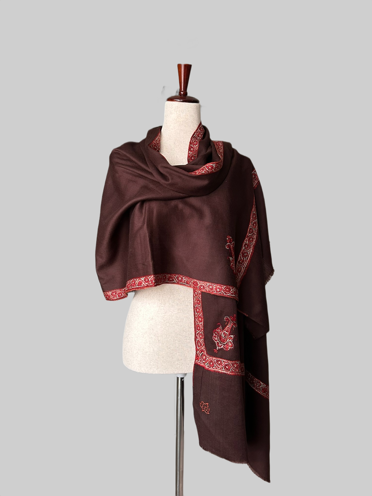 Brown- pure, handspun, hand embroidered pashmina scarf