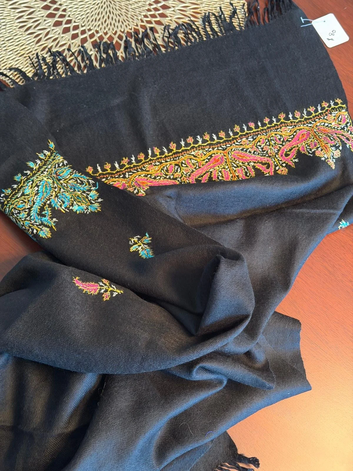 Black Pashmina Wool reversible embroidered Scarf