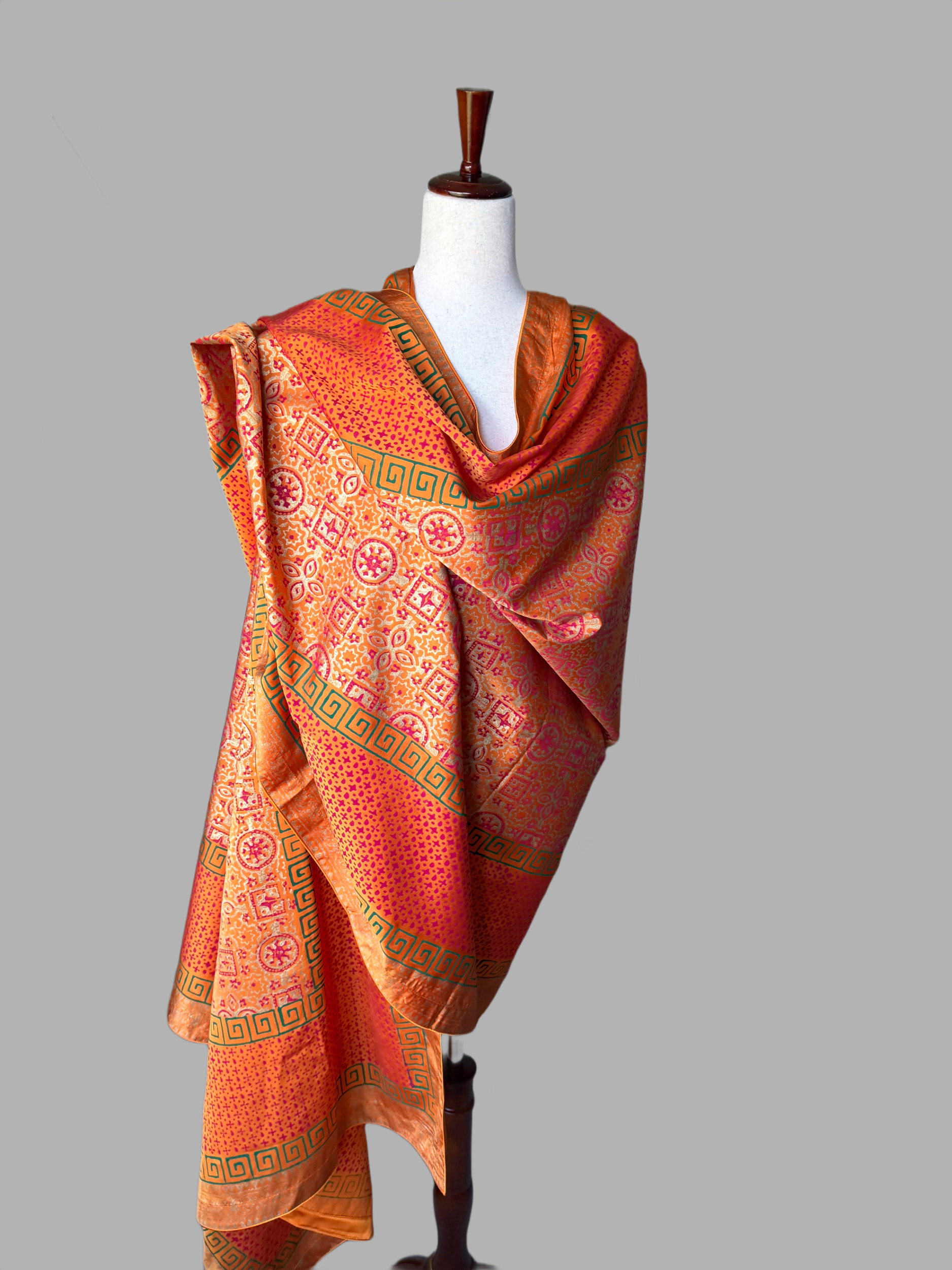 Orange Silk  Block Print Shawl