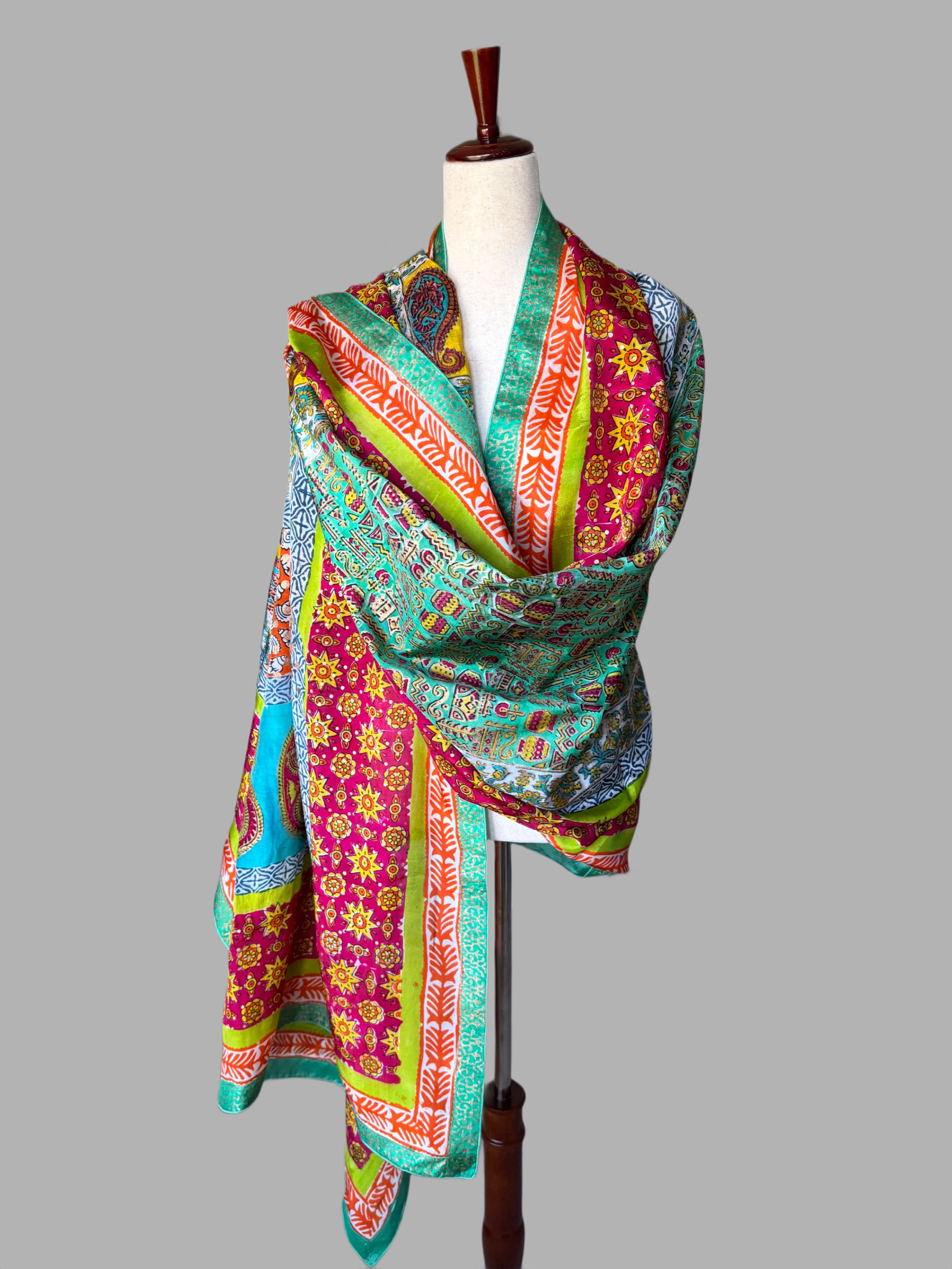 Turquoise Fuchsia Block Print Shawl