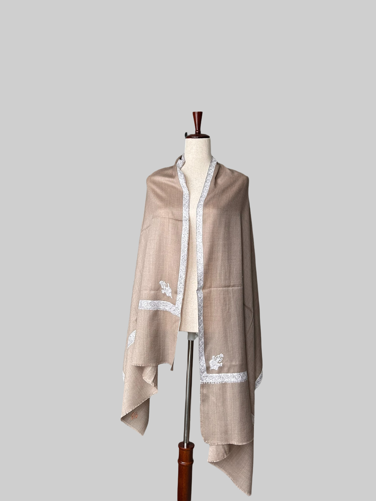 Beige- pure, handspun, hand embroidered pashmina scarf