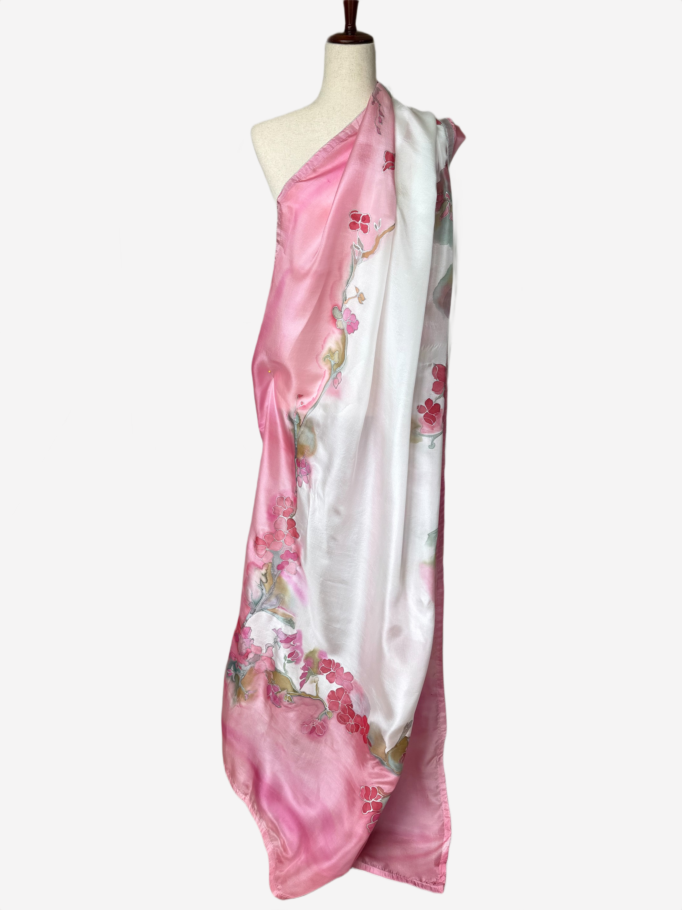 Pink-White Hand Painted Silk Shawl