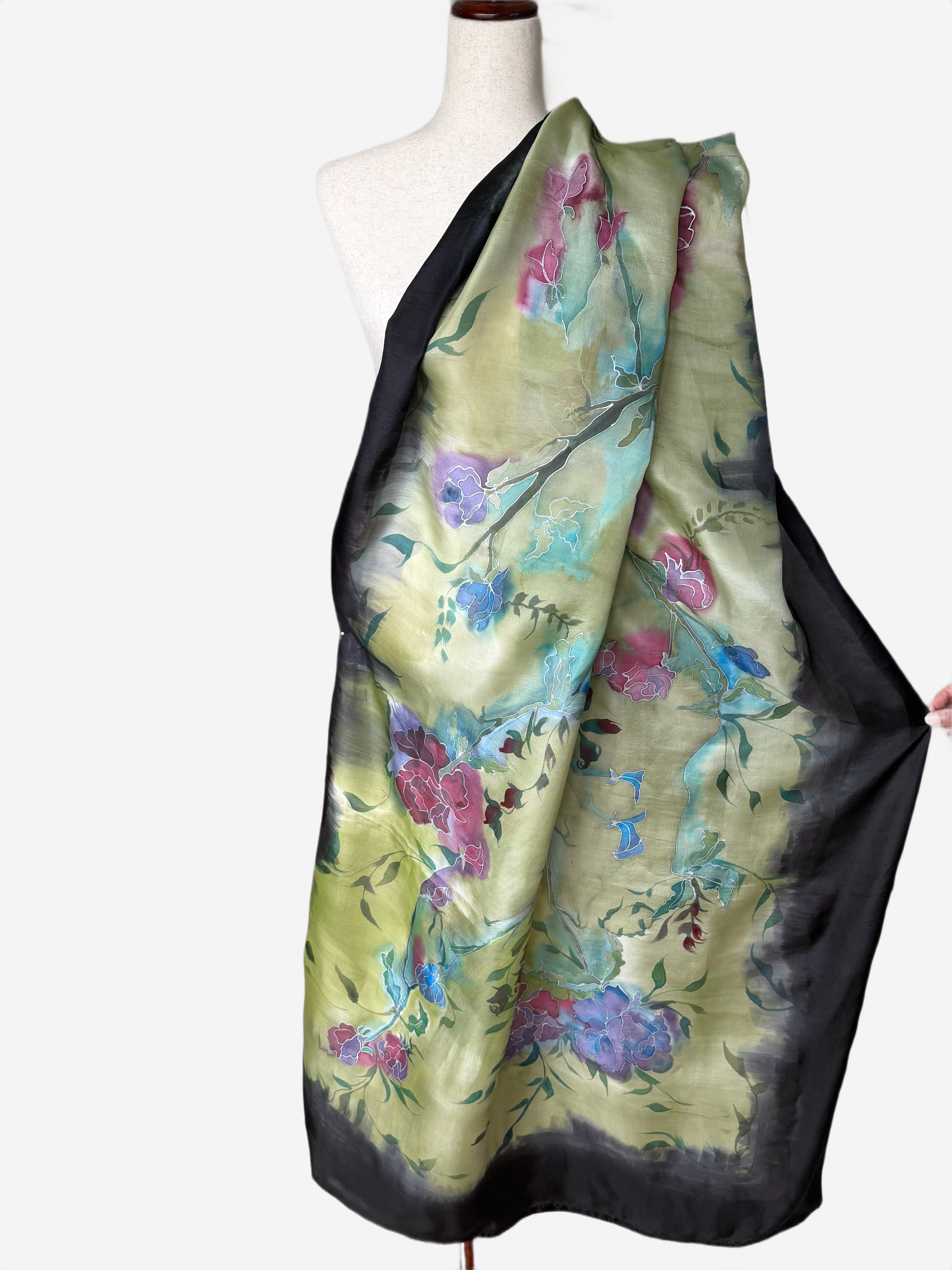 Sage Green- Black Hand painted Shawl