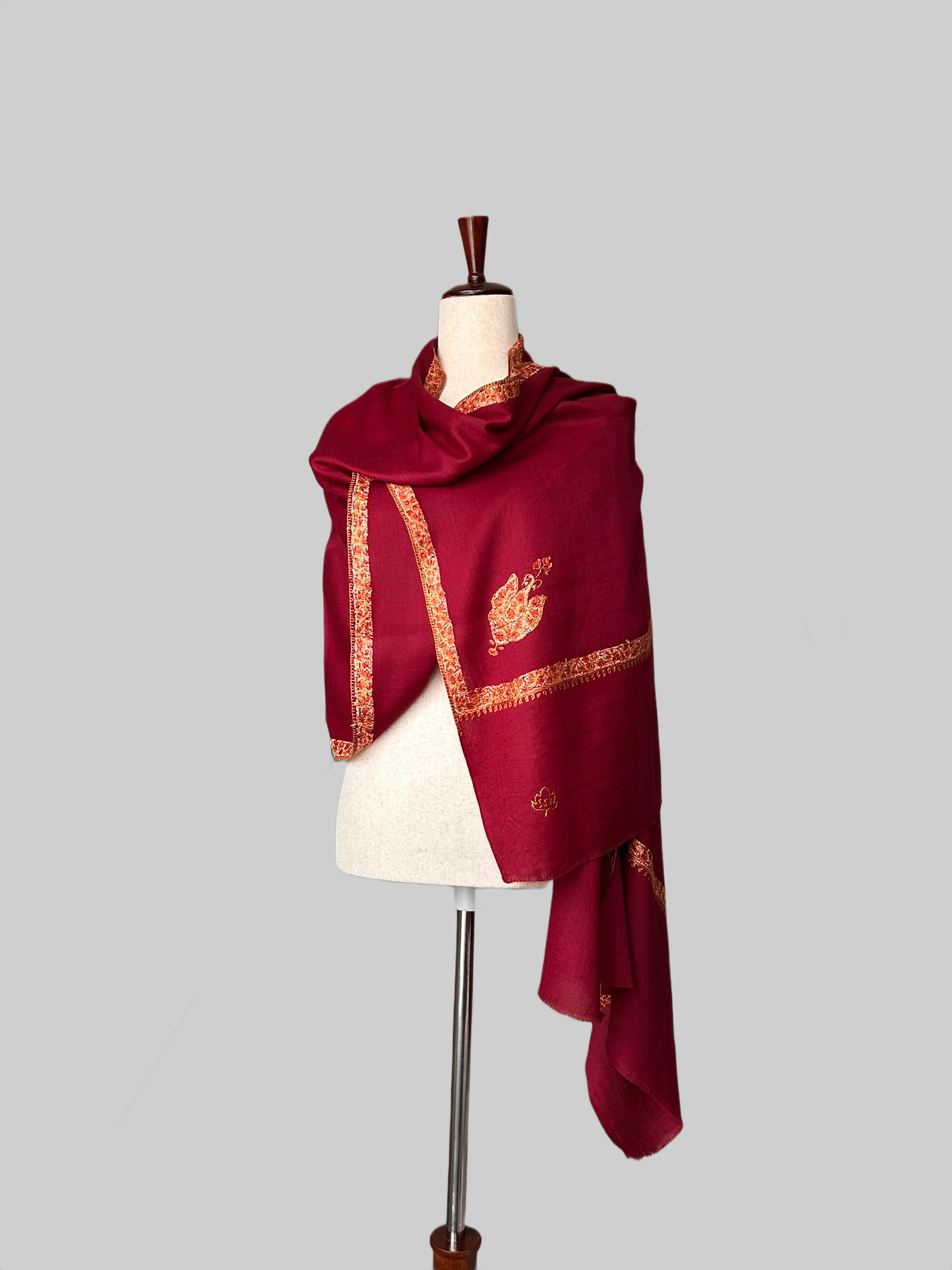 Red- pure, handspun, hand embroidered pashmina scarf