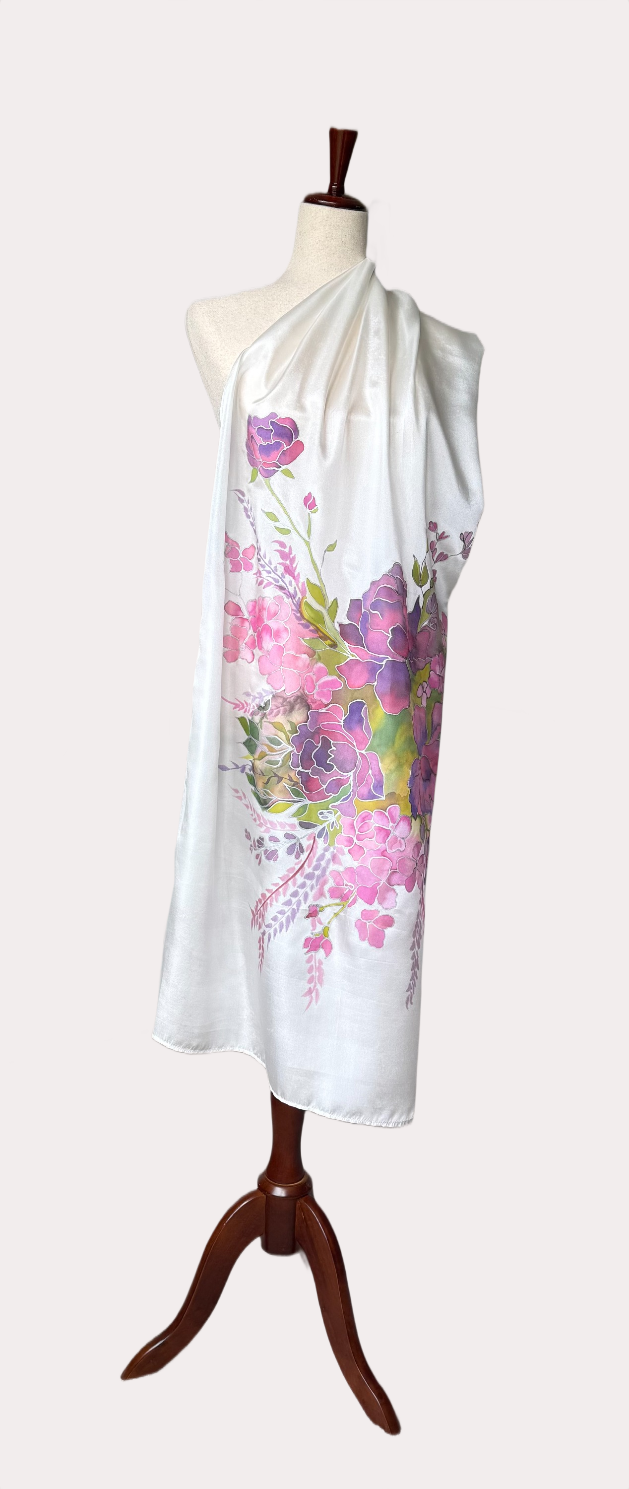 White-Purple Bouquet Hand Painted Silk Scarf