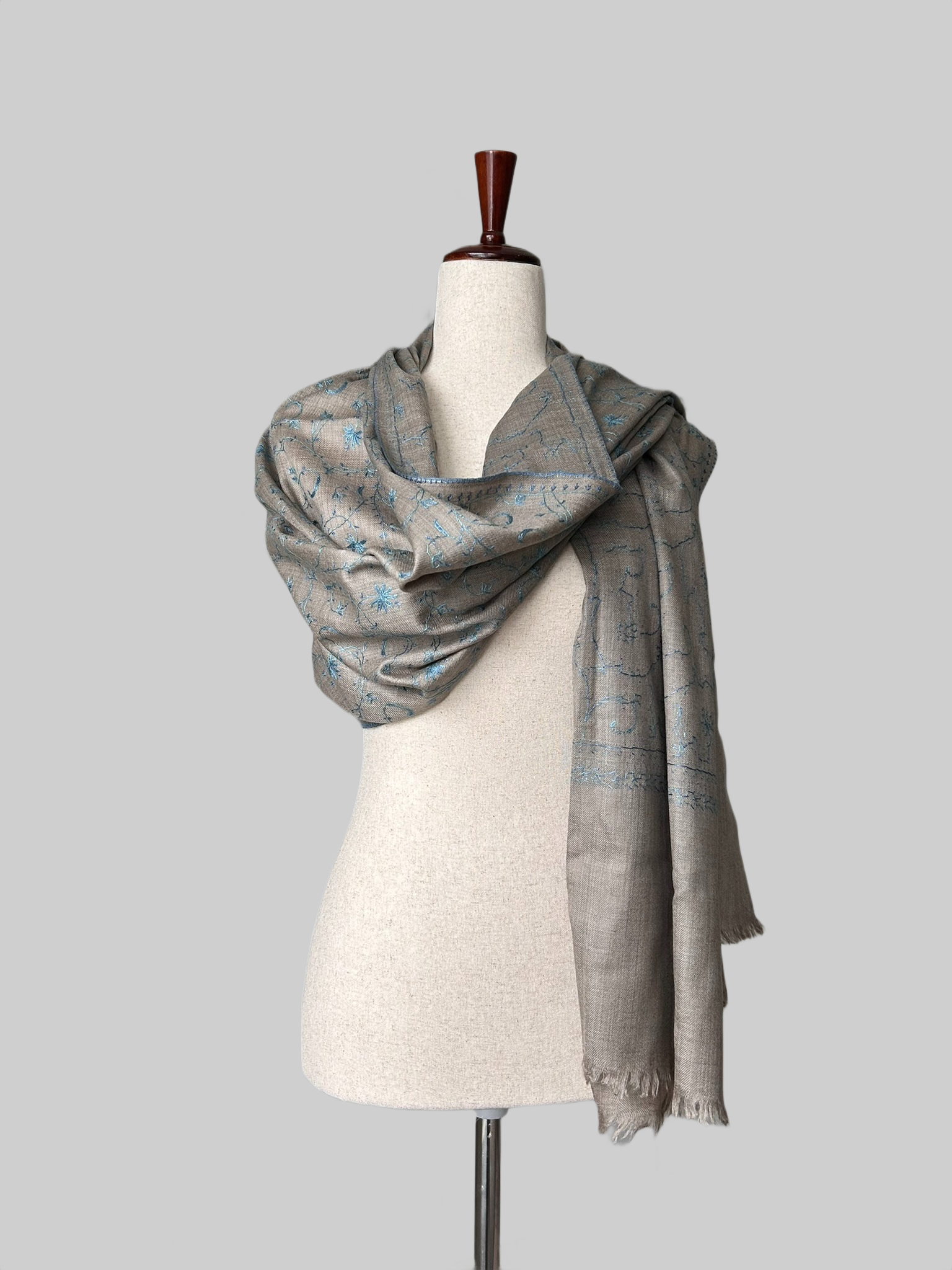 Light Gray/Blue Jaal- pure, handspun, hand embroidered pashmina scarf