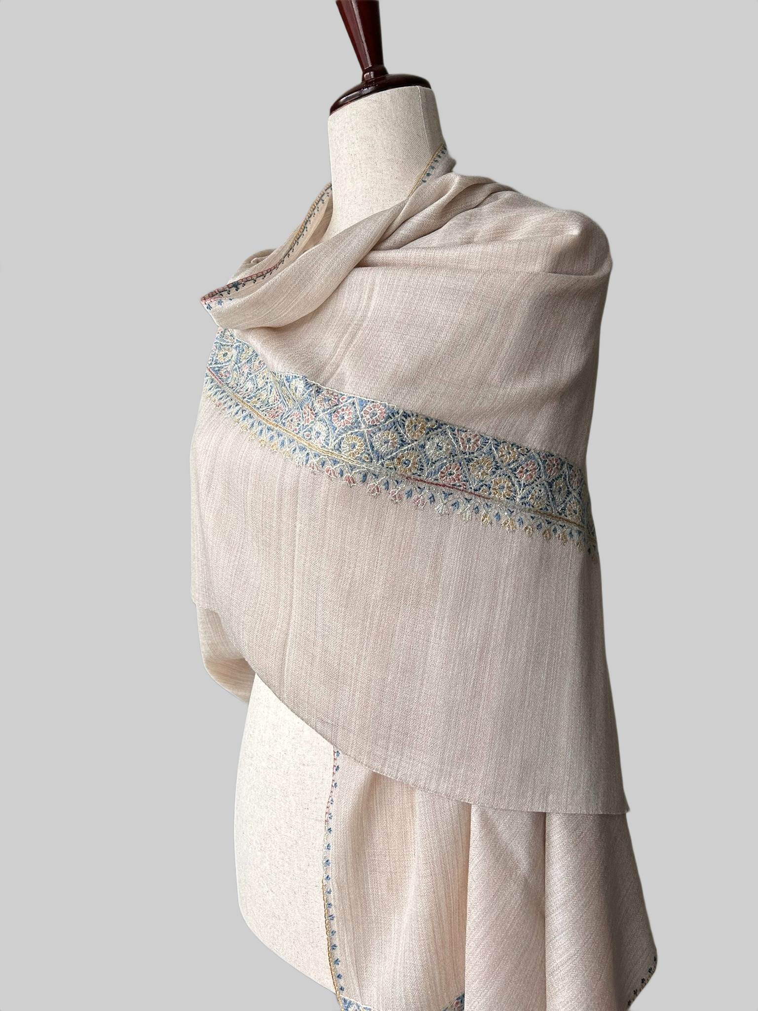 Off White- pure, handspun, hand embroidered pashmina scarf