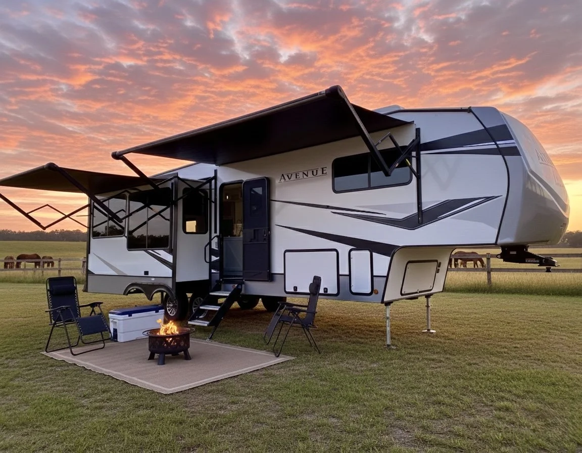 A white RV with black and grey stripes parked on a grassy field during sunset, with awnings extended, chairs and a firepit set up outside.