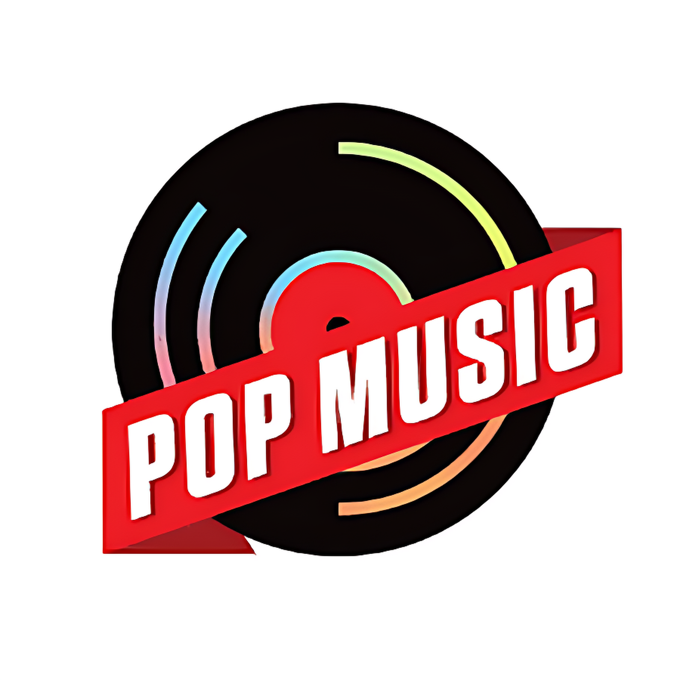 Colorful vinyl record with pop music banner overlay.