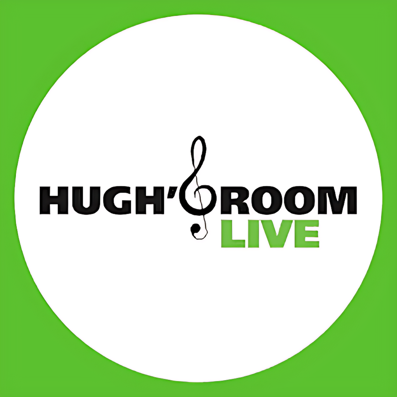 Logo for Hugho'Room Live, with the text 'Hugho'Room' in black and 'Live' in green, featuring a black musical note with a loop at the bottom in the center.