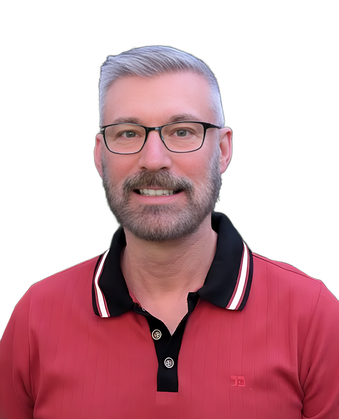 Portrait of a smiling man with glasses, a beard, and short gray hair wearing a red polo shirt.
