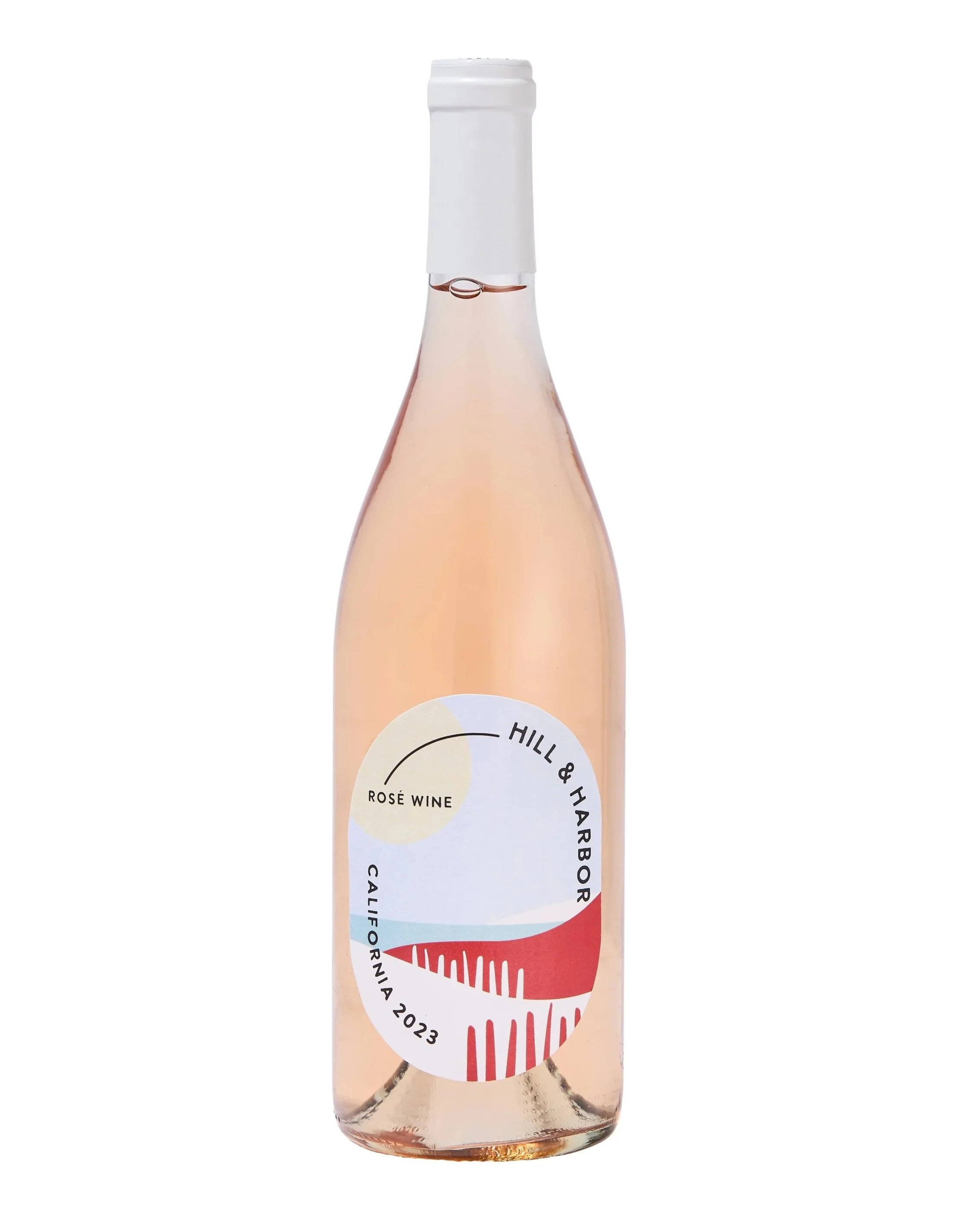 A bottle of rosé wine with a colorful label featuring abstract art and the text 'Hill & Harbor' and 'California 2023.'