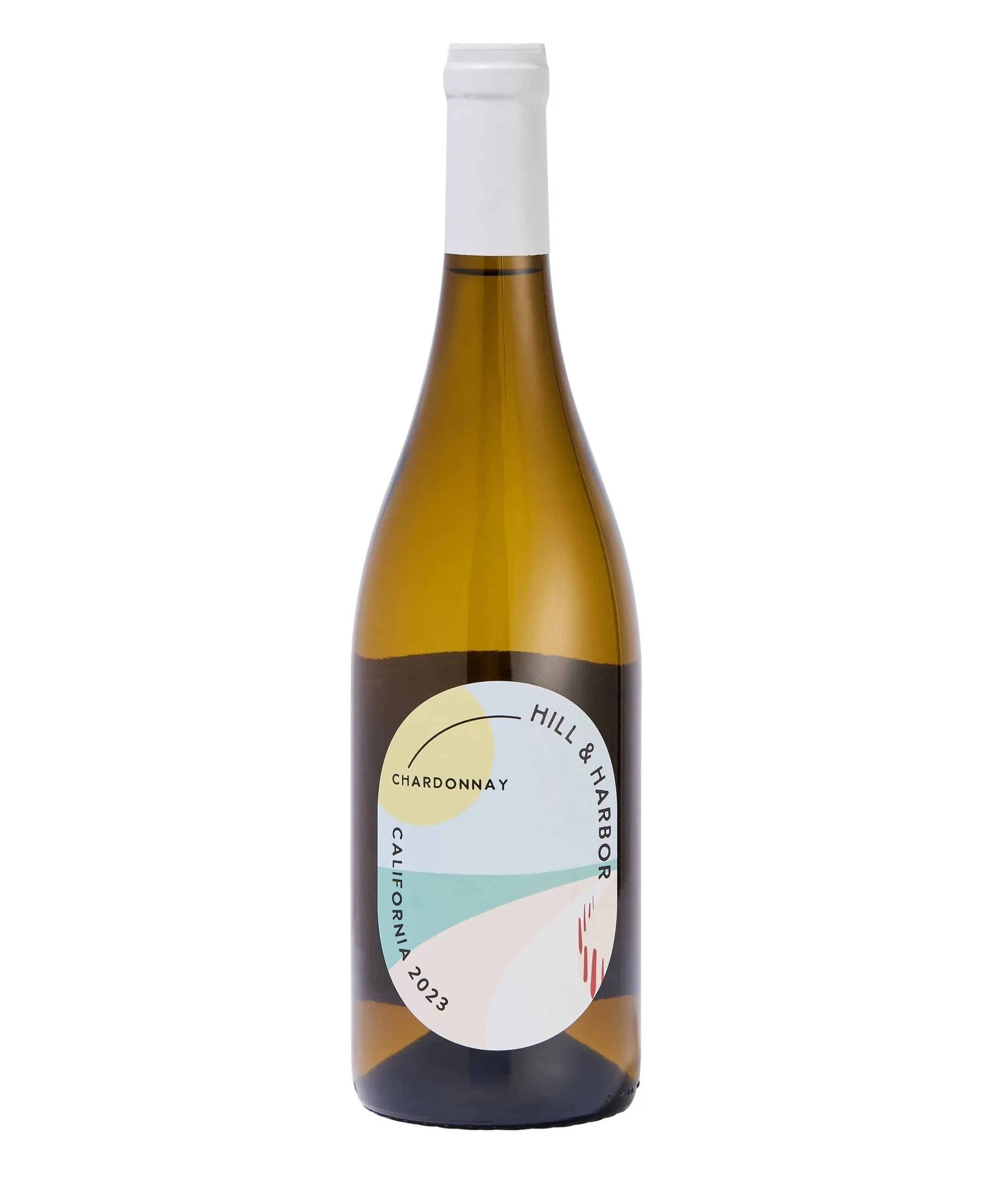 A bottle of Hill & Harbord 2023 Chardonnay from California with a minimalist, abstract label