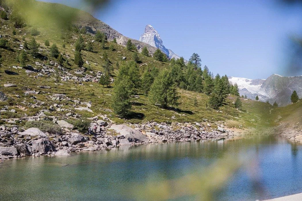 A mountainous landscape with a lake, green trees on hills, and snow-capped peaks in the background.
