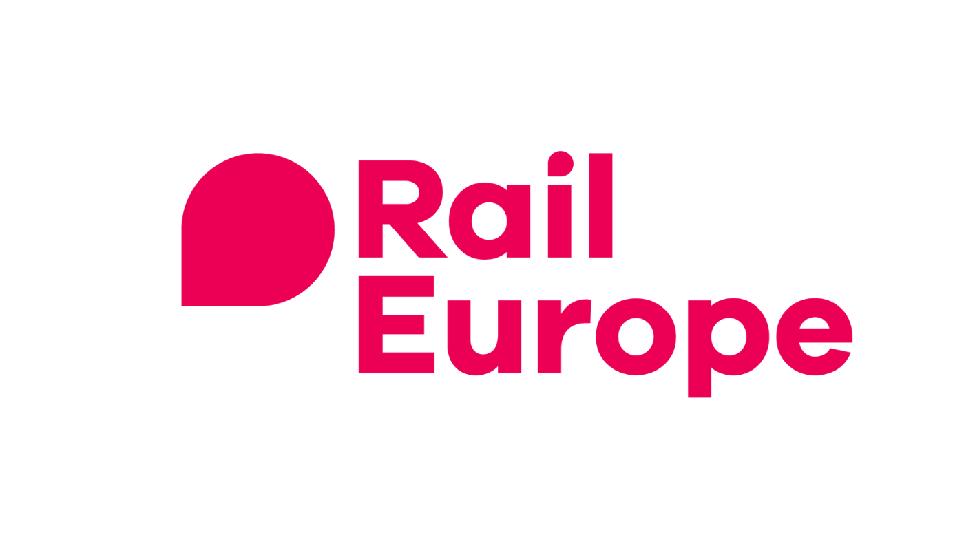 Logo with stylized letter R in white and pink colors and the words 'Rail Europe' in pink, set against a black background.