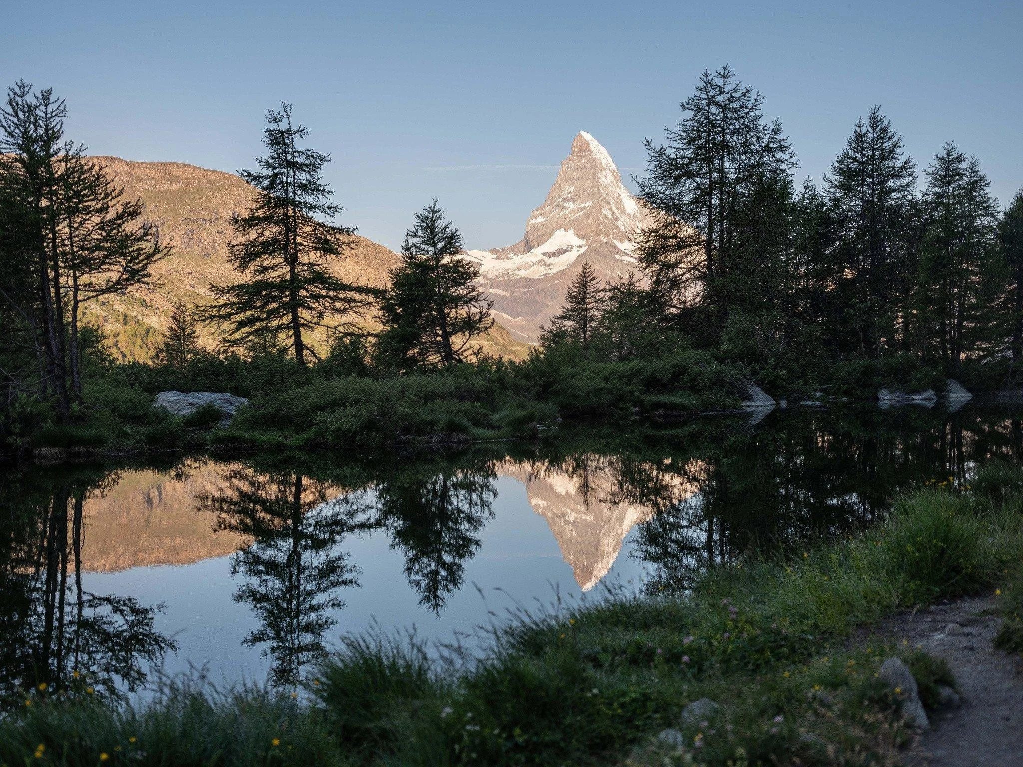 Snow-capped mountain reflected in a calm lake surrounded by trees, with a clear sky.