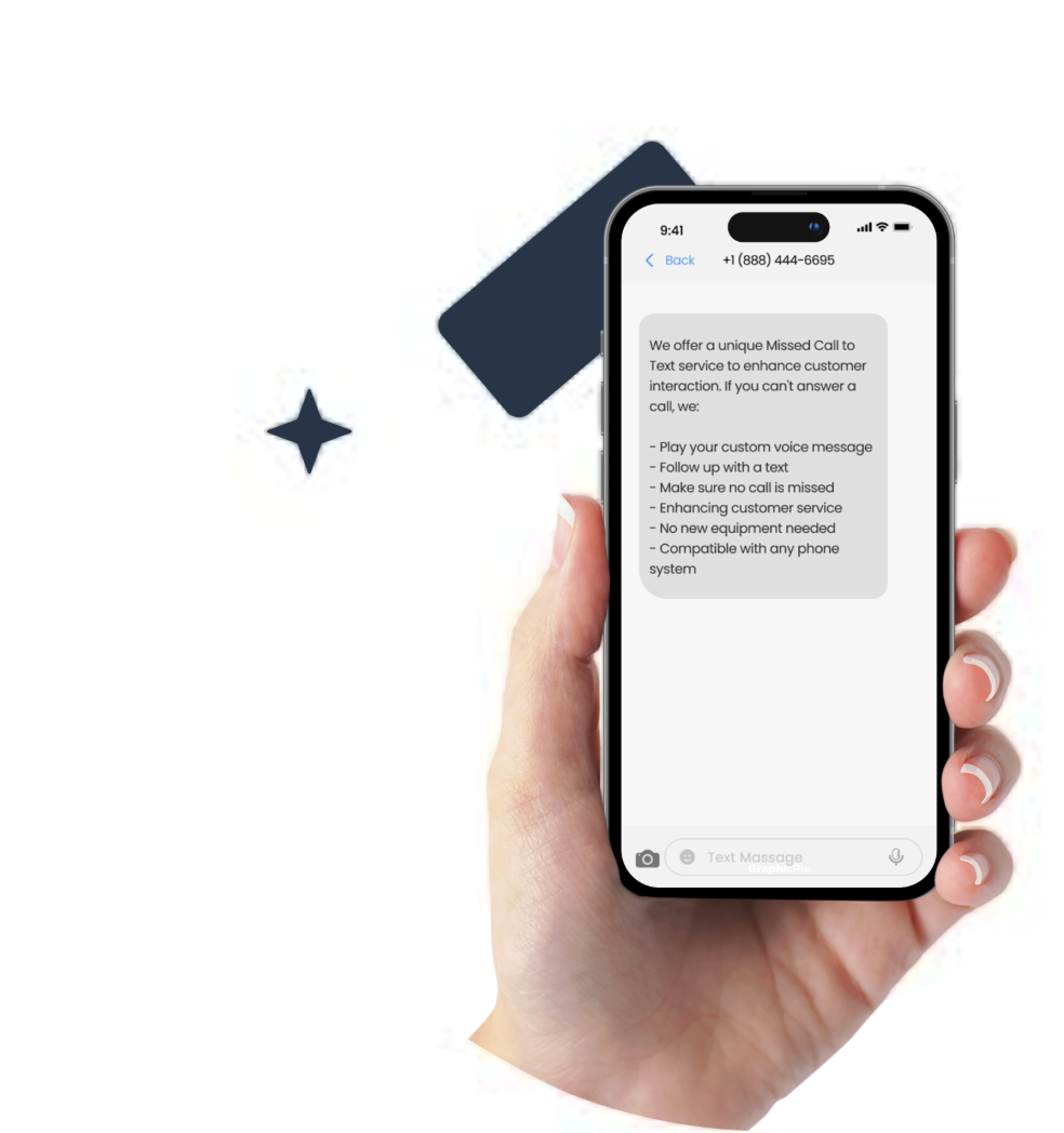 Hand holding a smartphone displaying a text message conversation about a missed call text service that offers custom voice messages, follow-ups, and customer service enhancements.