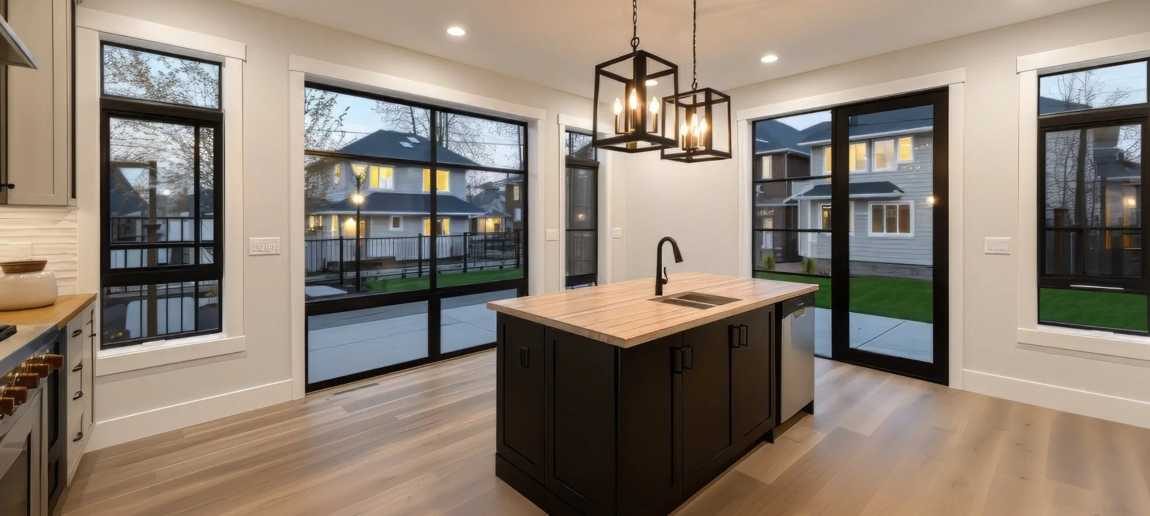 Modern kitchen with large windows, black framed sliding doors, wooden floors, a black kitchen island with a natural wood top, and a chandelier with exposed light bulbs.