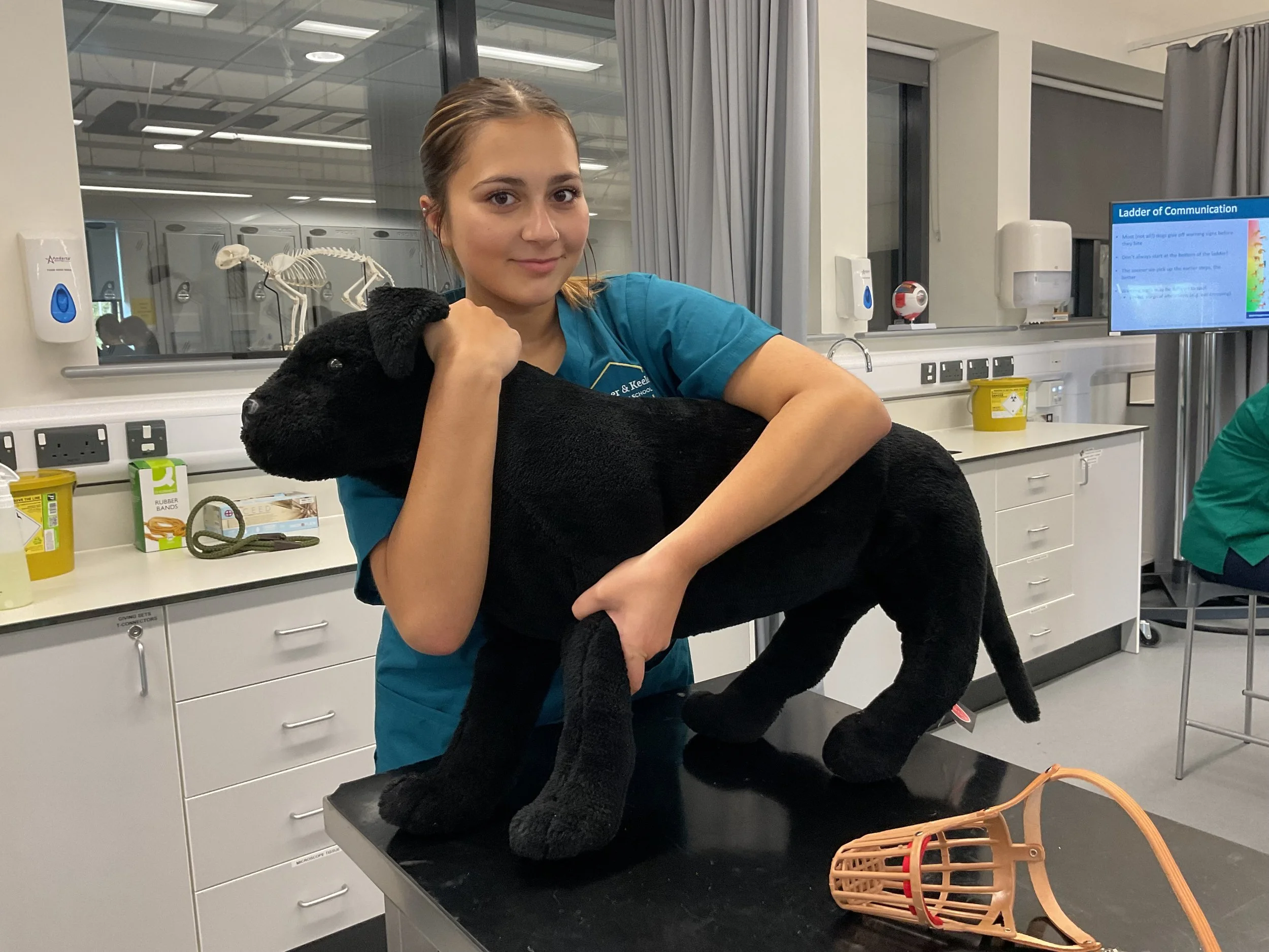 A woman in scrubs holding a large black plush dog in a veterinary or medical setting.