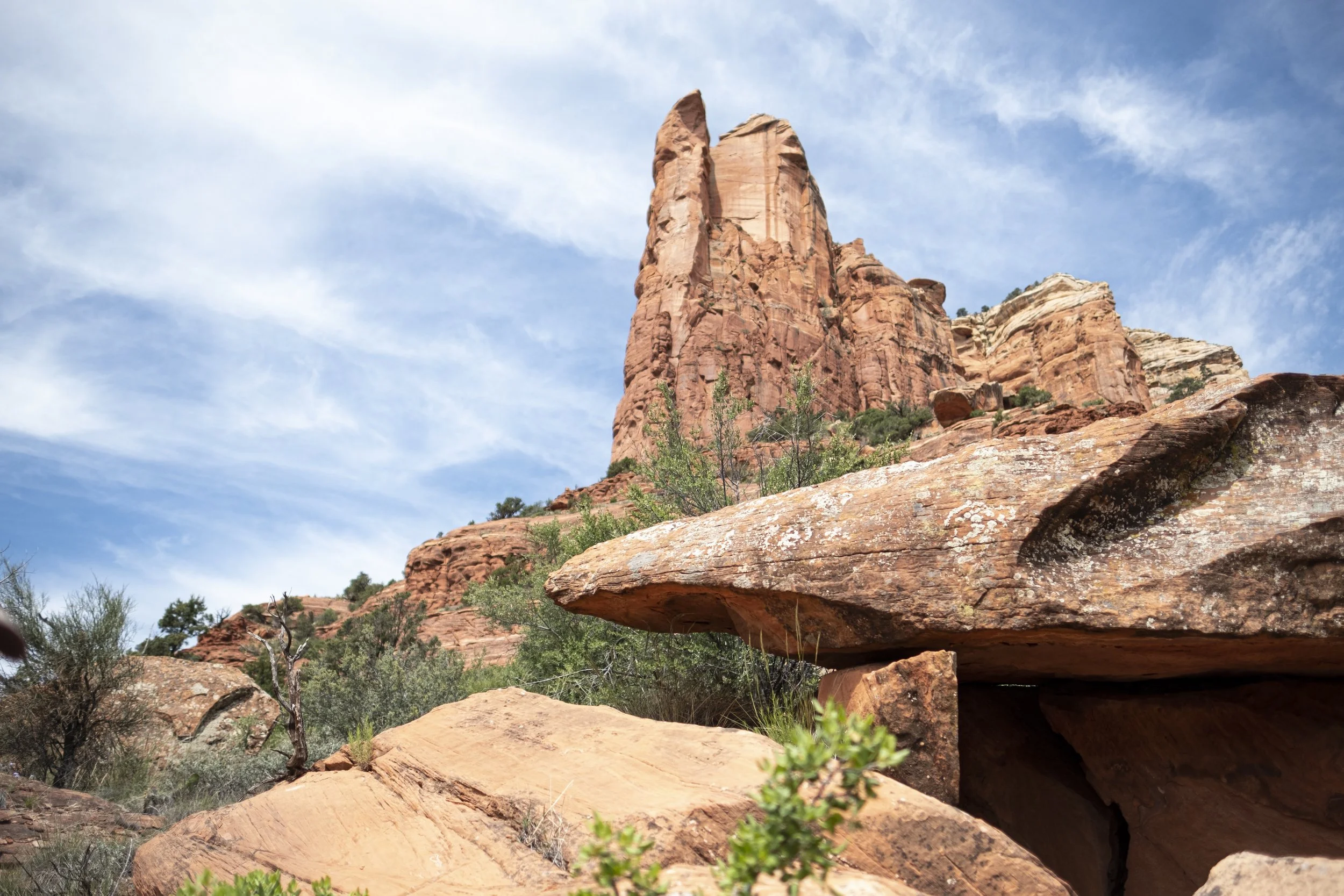 Red rock formations under a partly cloudy sky with sparse desert vegetation and small bushes.